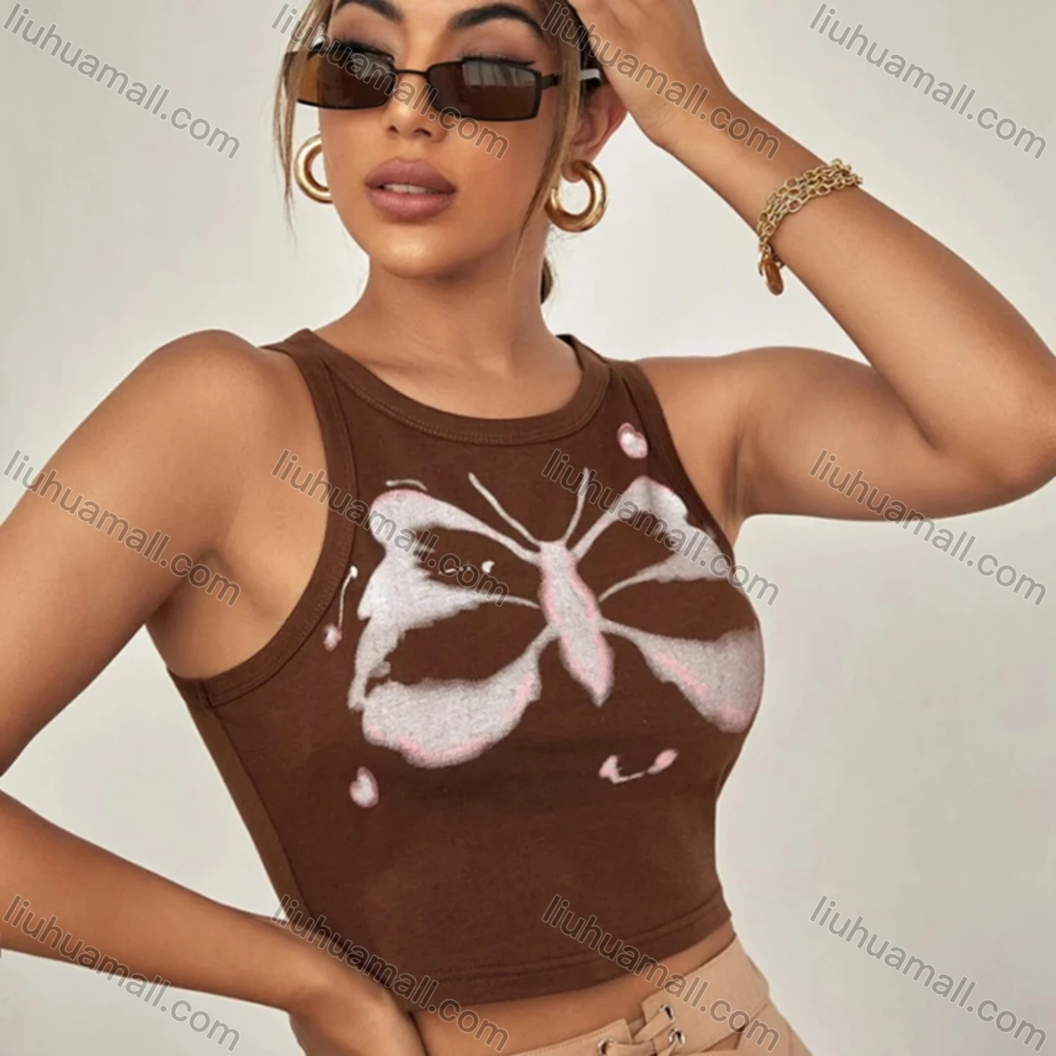 Wholesale Women's Casual Butterfly Print Round Neck Crop Tank Top Q21TP232# - Liuhuamall