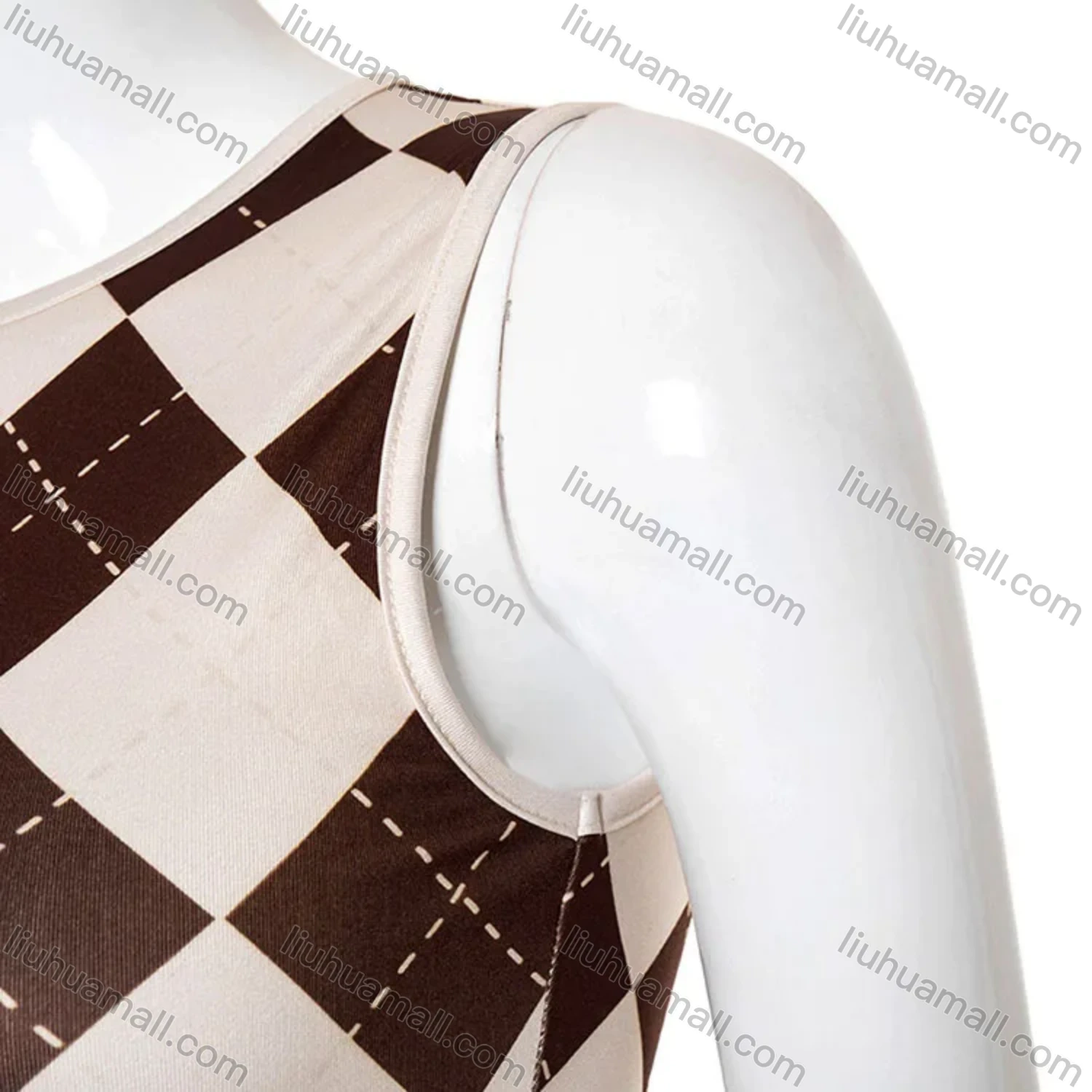 Wholesale Women's Casual Diamond Checkered Round Neck Crop Tank Top - Liuhuamall