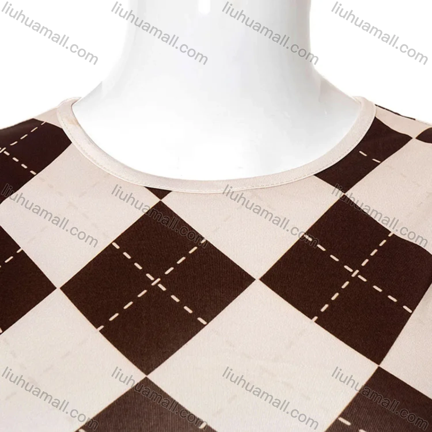 Wholesale Women's Casual Diamond Checkered Round Neck Crop Tank Top - Liuhuamall