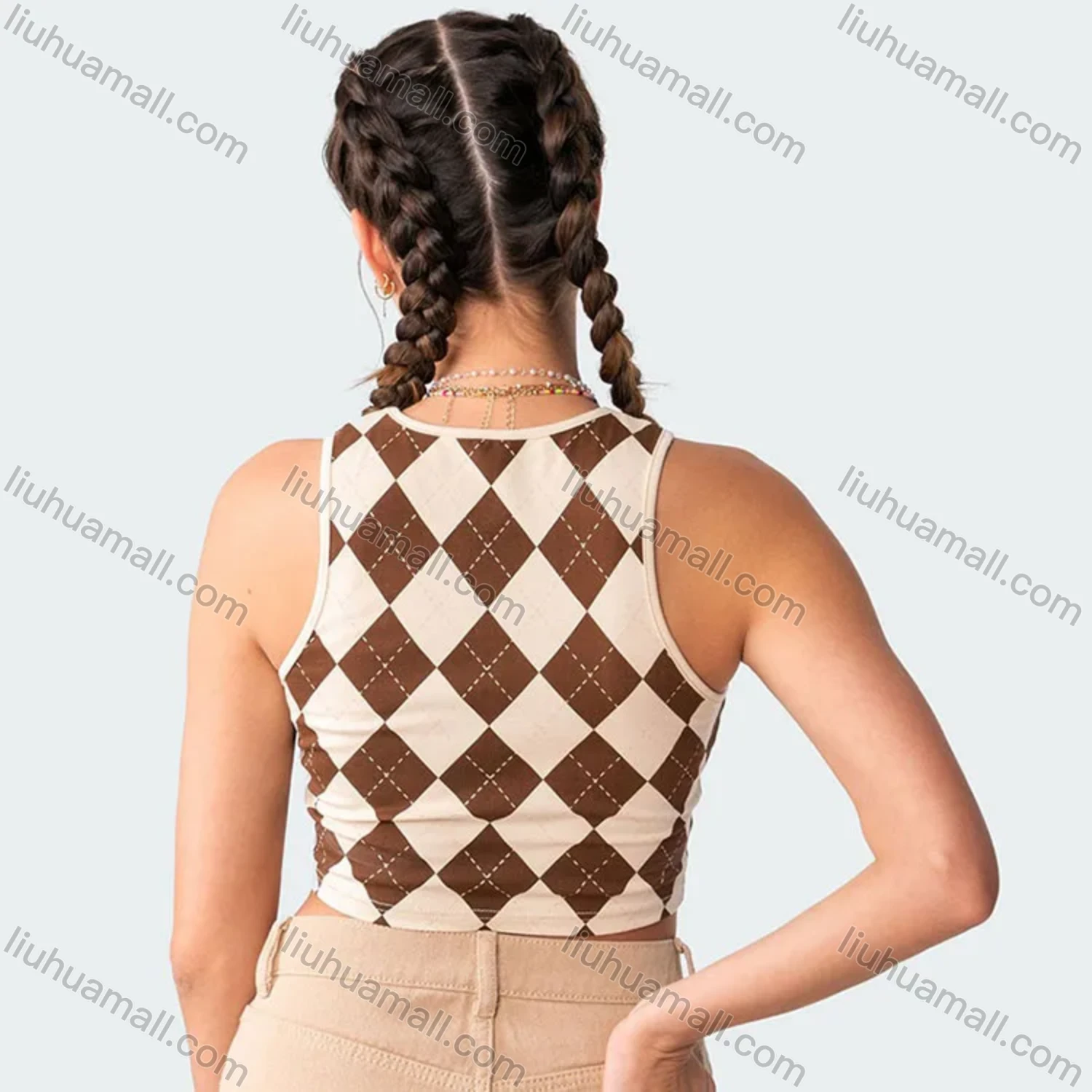 Wholesale Women's Casual Diamond Checkered Round Neck Crop Tank Top - Liuhuamall