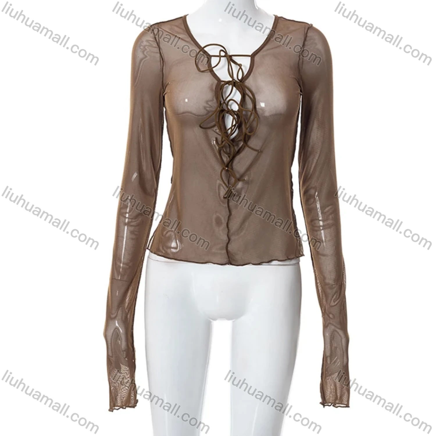Wholesale Women's Sexy Plain Lace Up Extra Long Sleeve Semi Mesh Blouse Q21TP300# - Liuhuamall