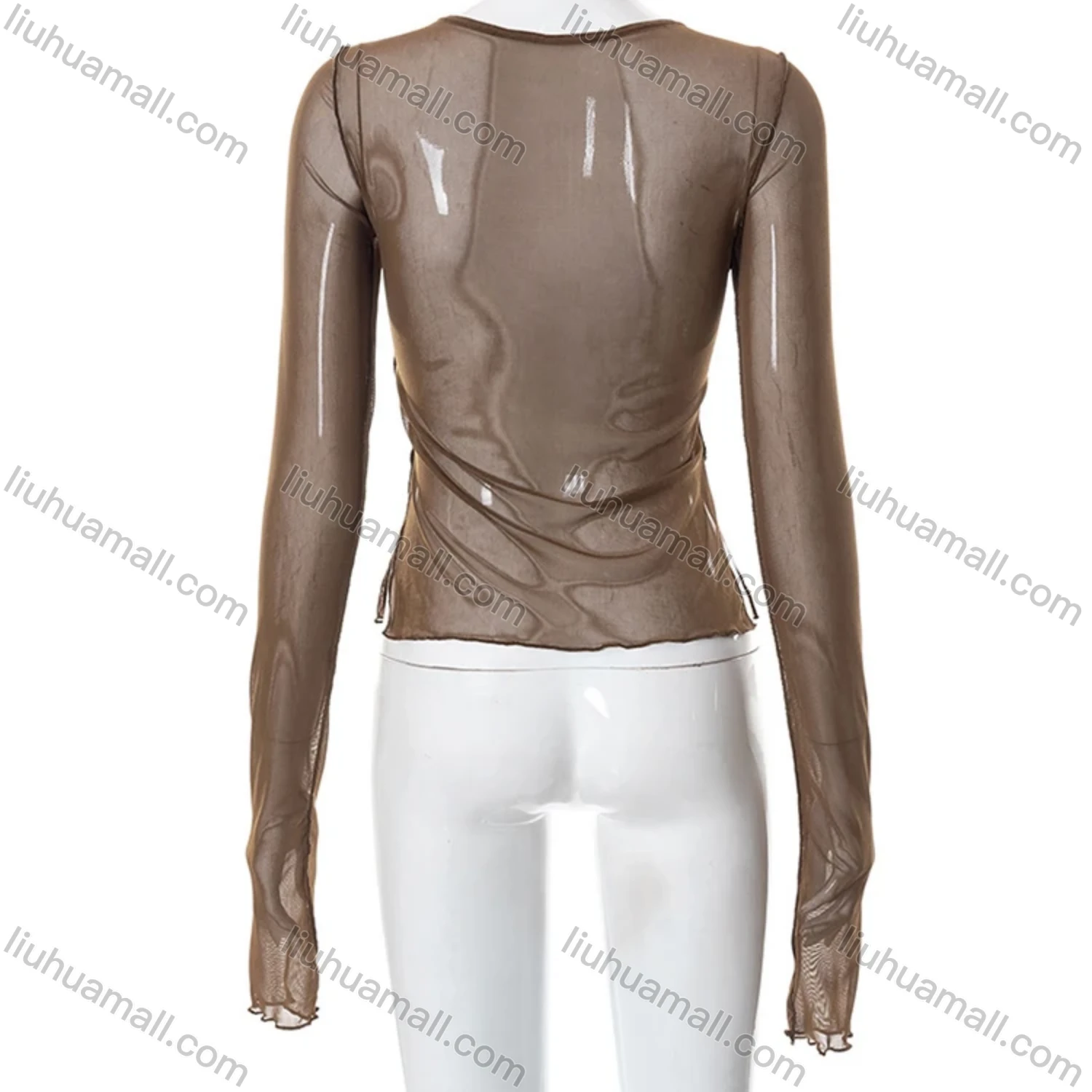 Wholesale Women's Sexy Plain Lace Up Extra Long Sleeve Semi Mesh Blouse Q21TP300# - Liuhuamall