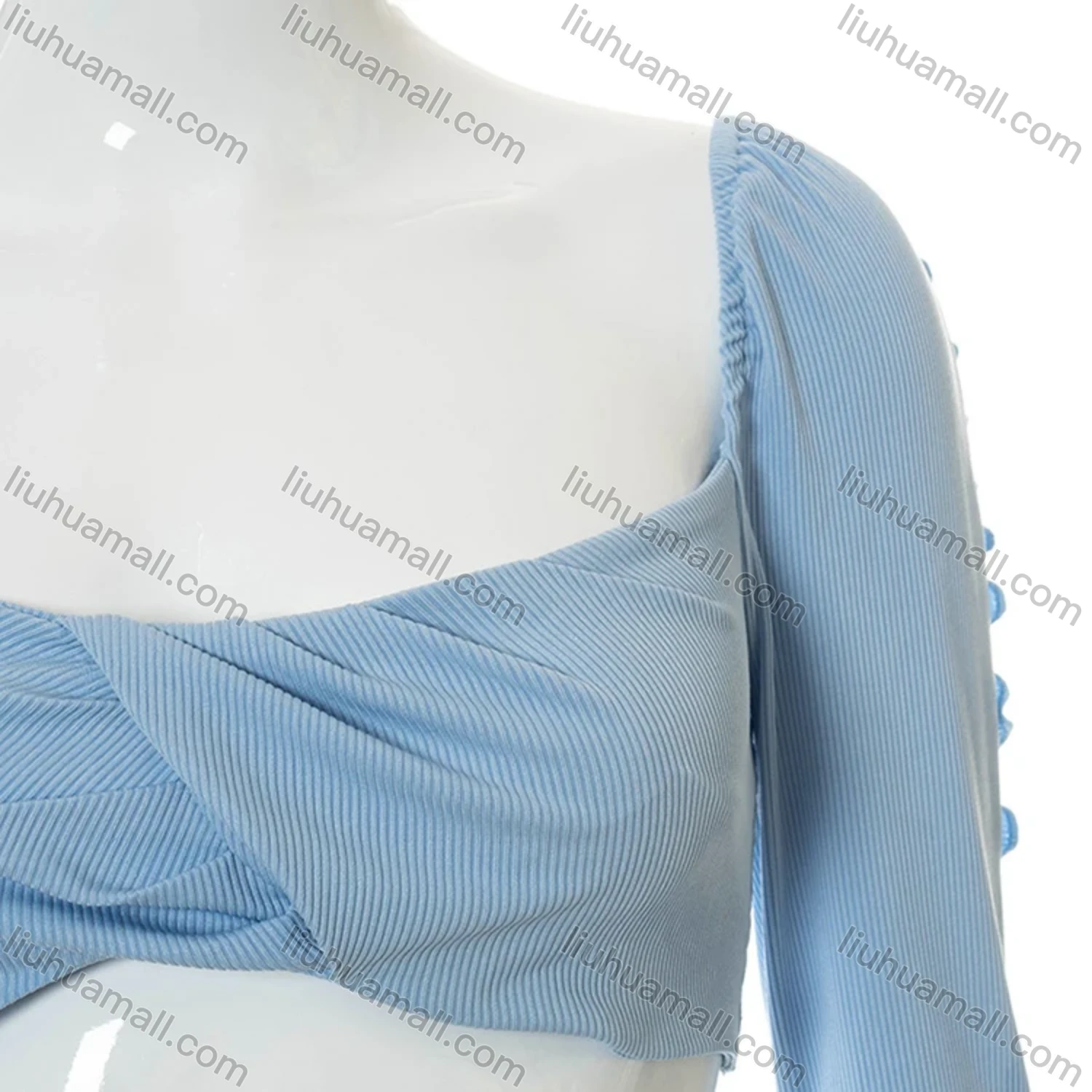Wholesale Women's Sexy Plain Long Sleeve Ruched Ruffle Trim Crop Blouse Q21TP421# - Liuhuamall