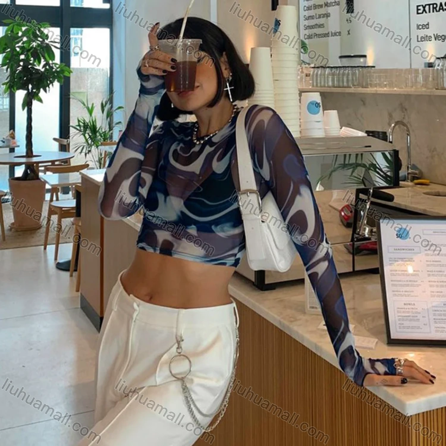 Wholesale Women's Casual Allover Print Round Neck Long Sleeve Crop Blouse Q21TP574# - Liuhuamall