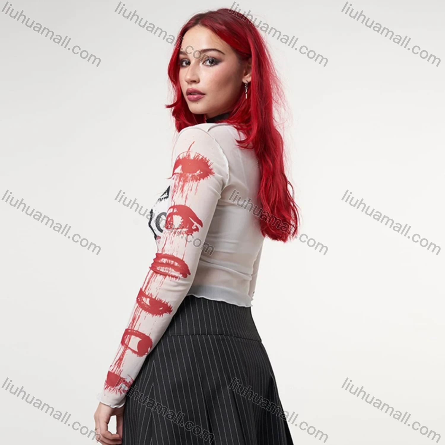 Wholesale Women's Casual Graffiti Allover Print Round Neck Long Sleeve Blouse Q21TP726# - Liuhuamall