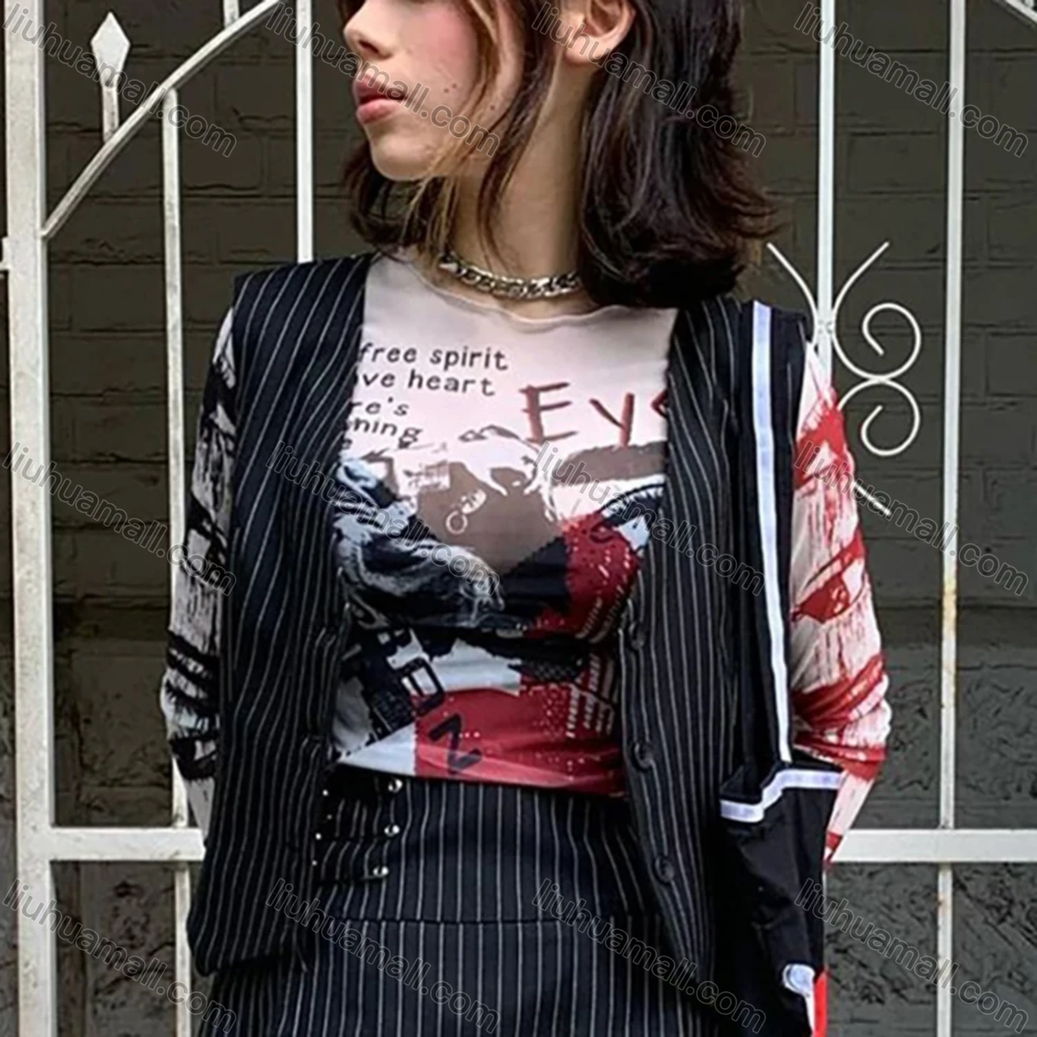 Wholesale Women's Casual Graffiti Allover Print Round Neck Long Sleeve Blouse Q21TP726# - Liuhuamall