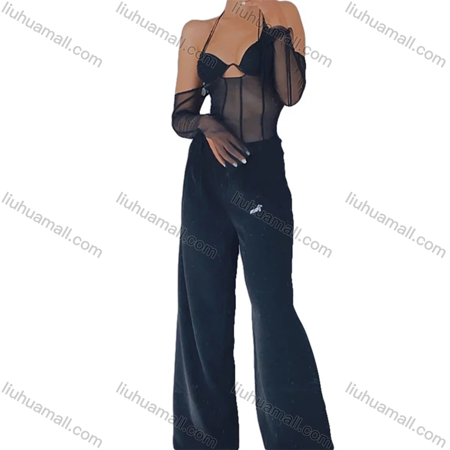 Wholesale Women's Sexy Plain Lace Up Sheer Mesh Backless Crop Halter Top Q20603T# - Liuhuamall