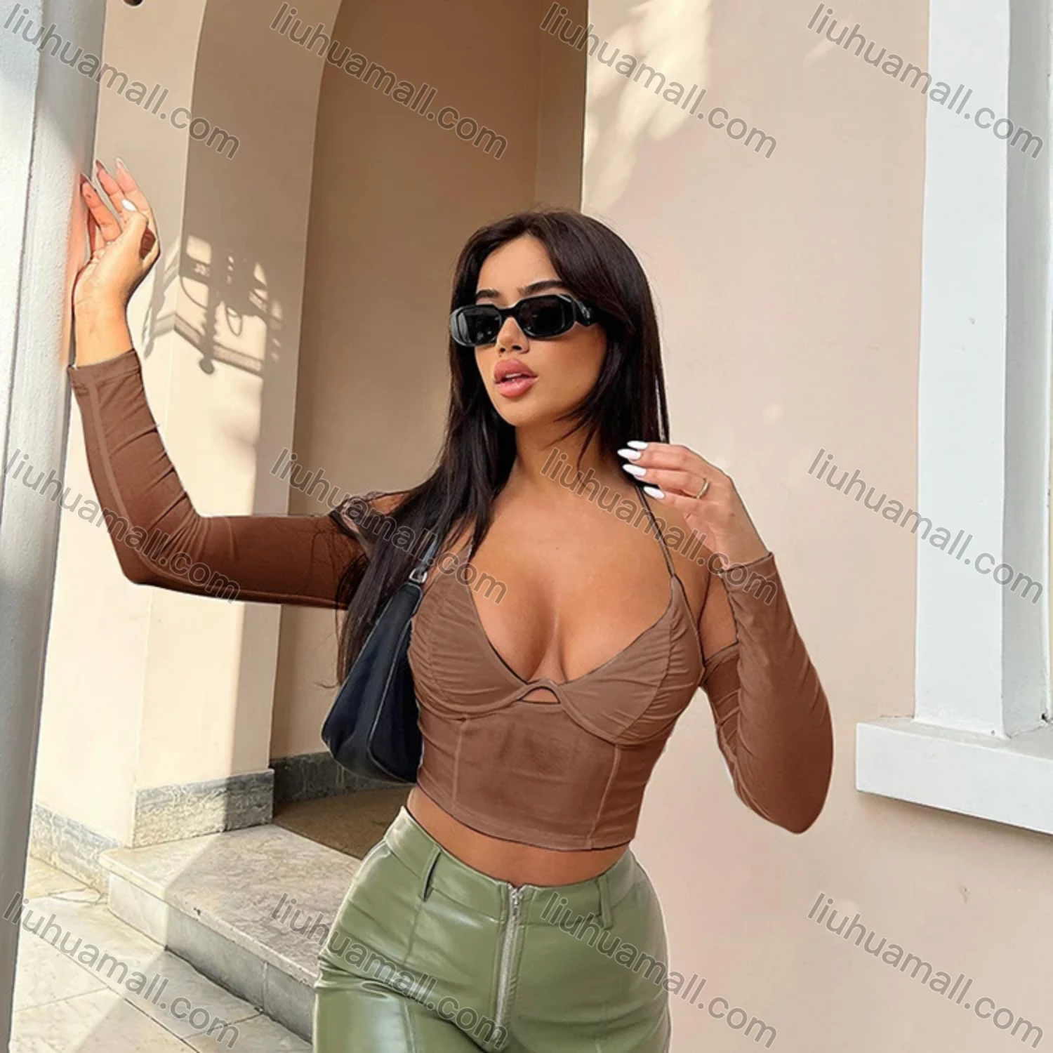 Wholesale Women's Sexy Plain Lace Up Sheer Mesh Backless Crop Halter Top Q20603T# - Liuhuamall