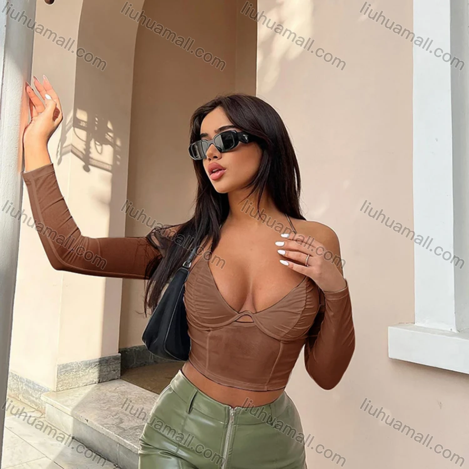 Wholesale Women's Sexy Plain Lace Up Sheer Mesh Backless Crop Halter Top Q20603T# - Liuhuamall