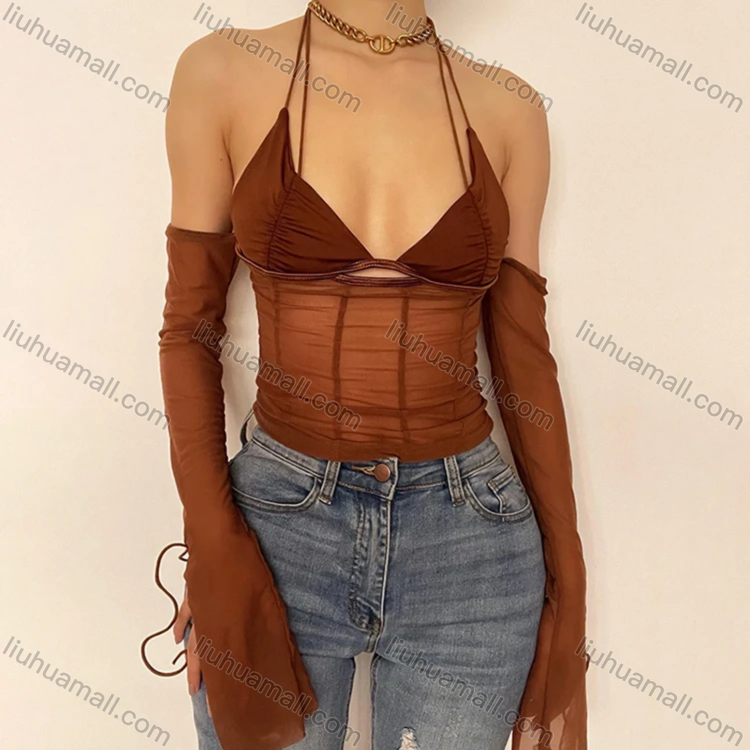 Wholesale Women's Sexy Plain Lace Up Sheer Mesh Backless Crop Halter Top Q20603T# - Liuhuamall