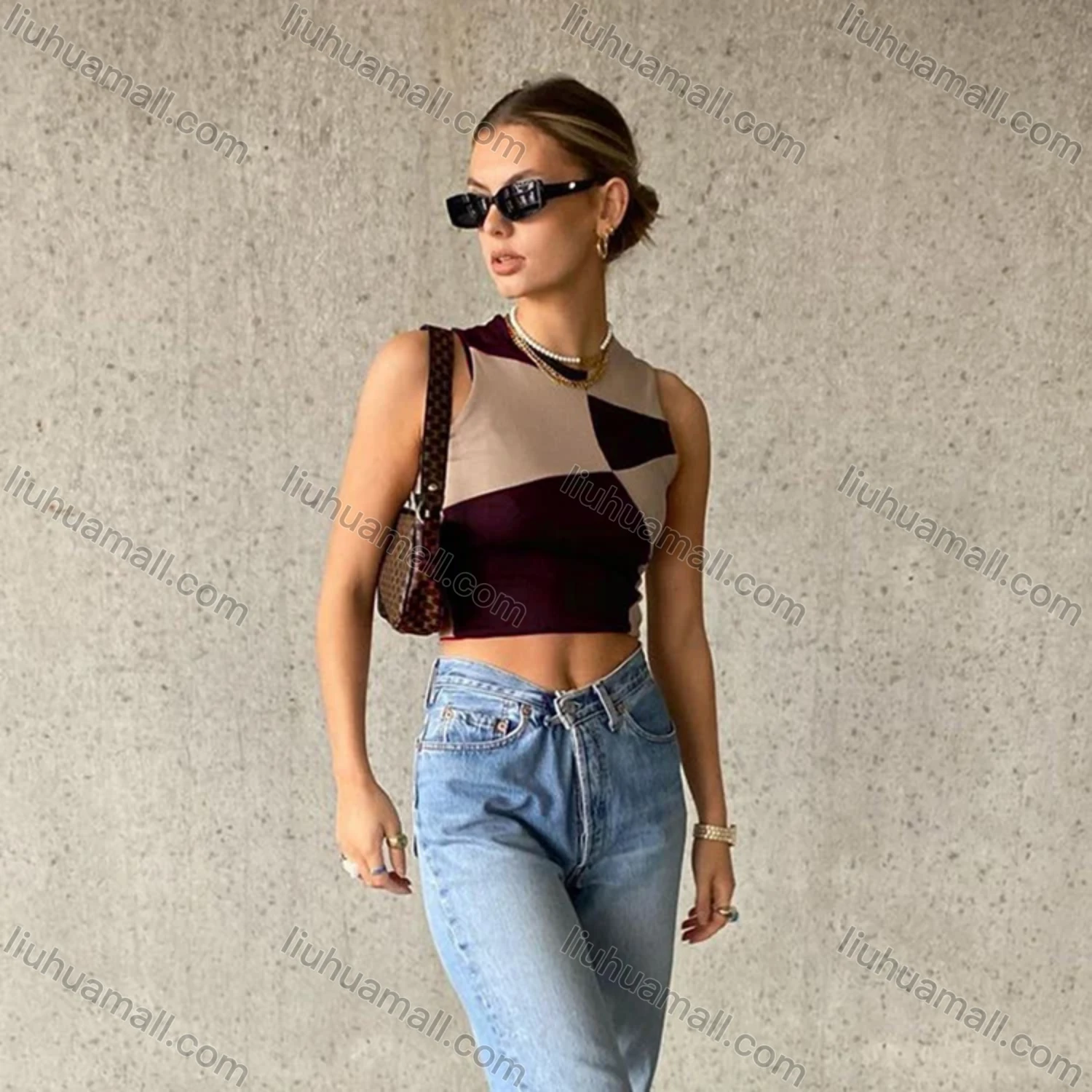 Wholesale Women's Casual Colorblock Round Neck Crop Tank Top W21TP125# - Liuhuamall