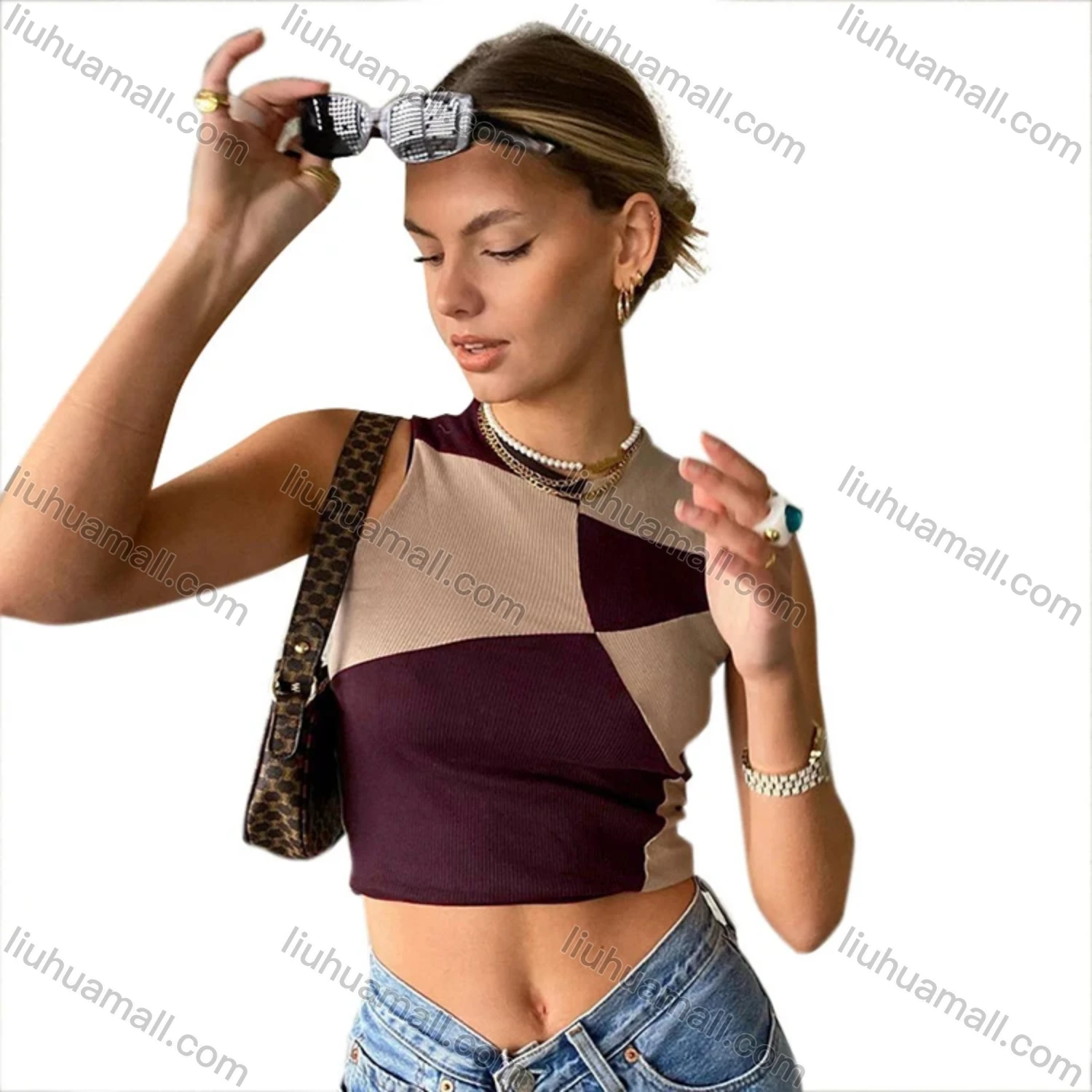 Wholesale Women's Casual Colorblock Round Neck Crop Tank Top W21TP125# - Liuhuamall