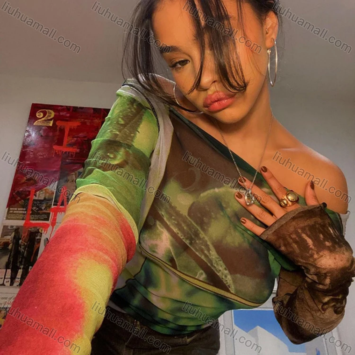 Wholesale Women's Casual Tie Dye Off Shoulder Long Sleeve Blouse Y21TP483# - Liuhuamall