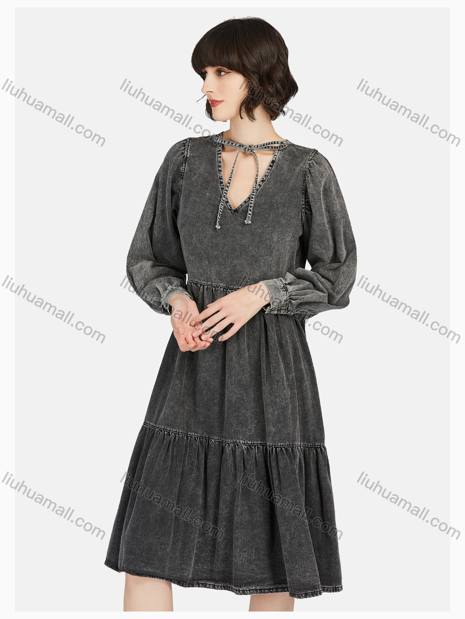 Wholesale Women's Casual V Neck Long Sleeve Lace Up Tiered Distressed Denim Dress - Liuhuamall