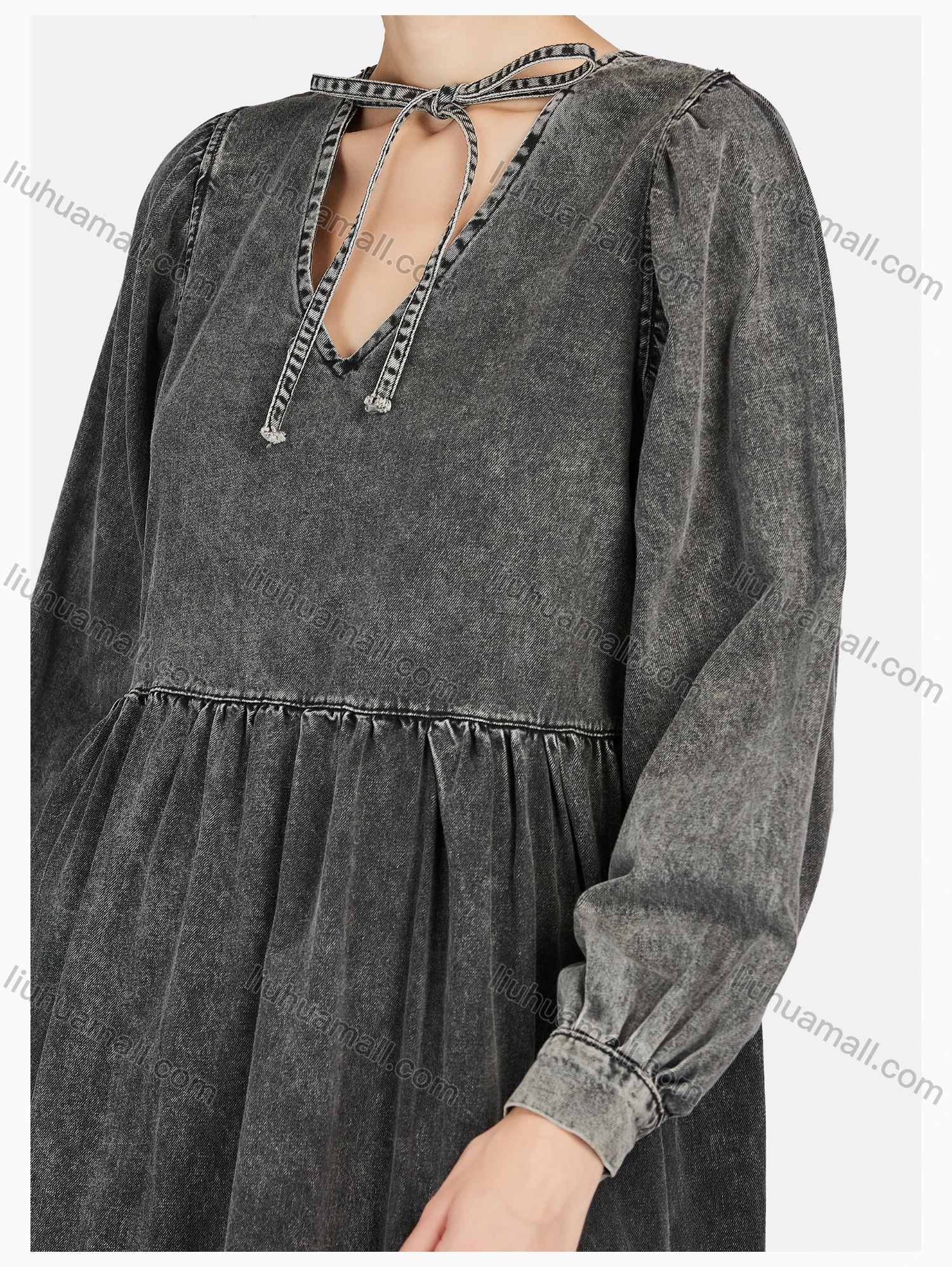 Wholesale Women's Casual V Neck Long Sleeve Lace Up Tiered Distressed Denim Dress - Liuhuamall