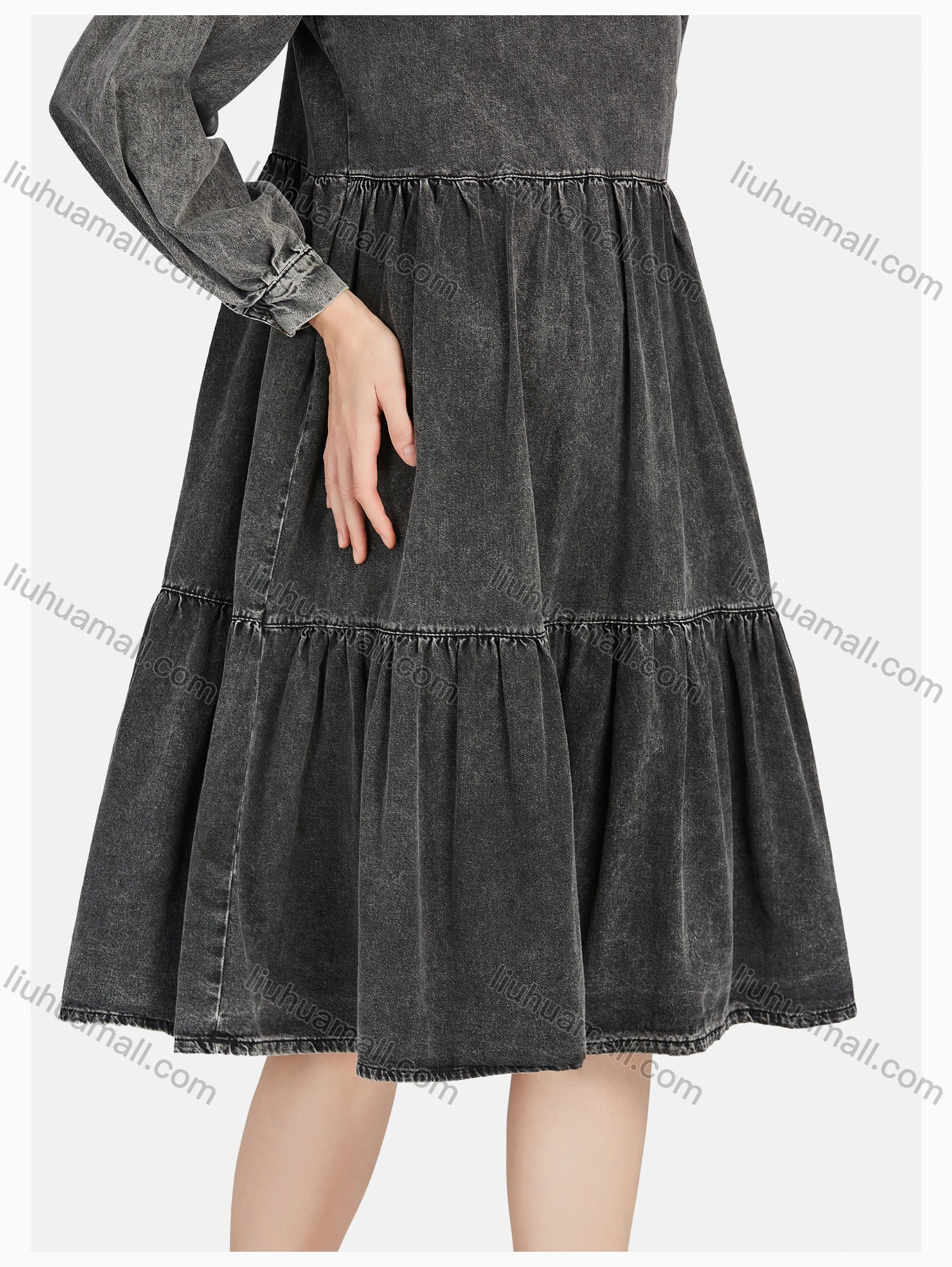 Wholesale Women's Casual V Neck Long Sleeve Lace Up Tiered Distressed Denim Dress - Liuhuamall