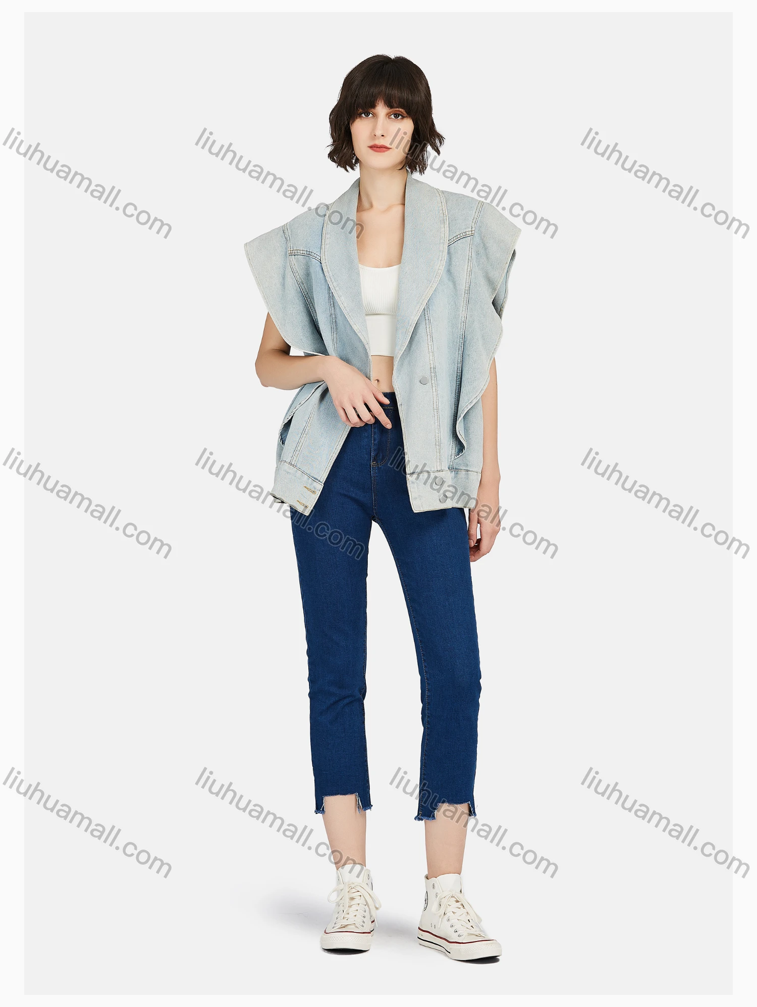 Wholesale Women's Fashion Lapel Bat Sleeve Button Down Plain Denim Jacket & Capris Pants Set - Liuhuamall