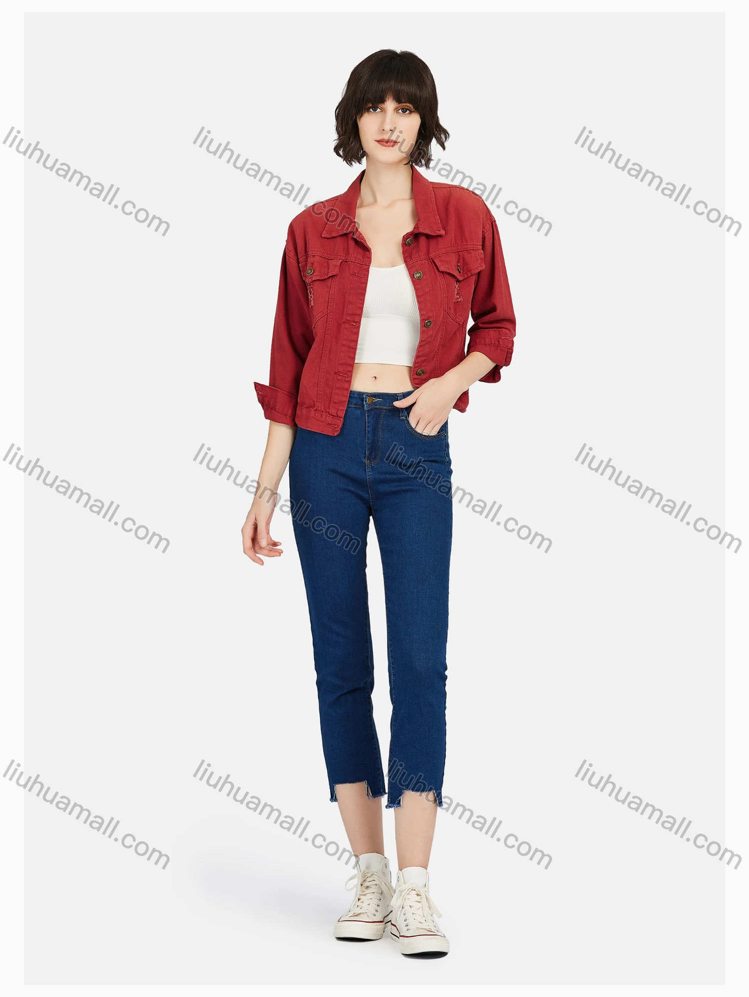 Wholesale Women's Fashion Lapel Ripped Button Down Plain Denim Jacket & Capris Pants Set - Liuhuamall