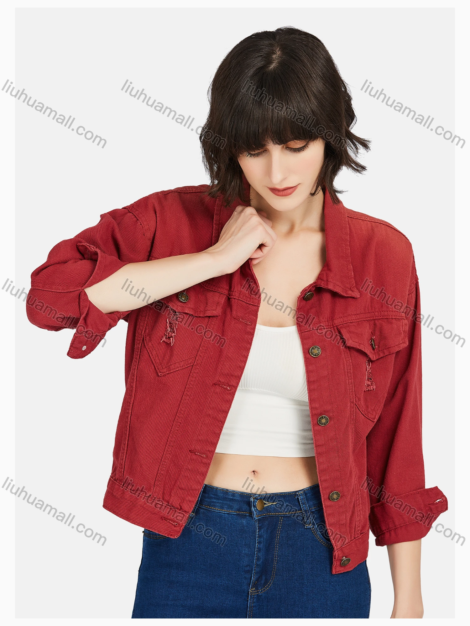 Wholesale Women's Fashion Lapel Ripped Button Down Plain Denim Jacket & Capris Pants Set - Liuhuamall