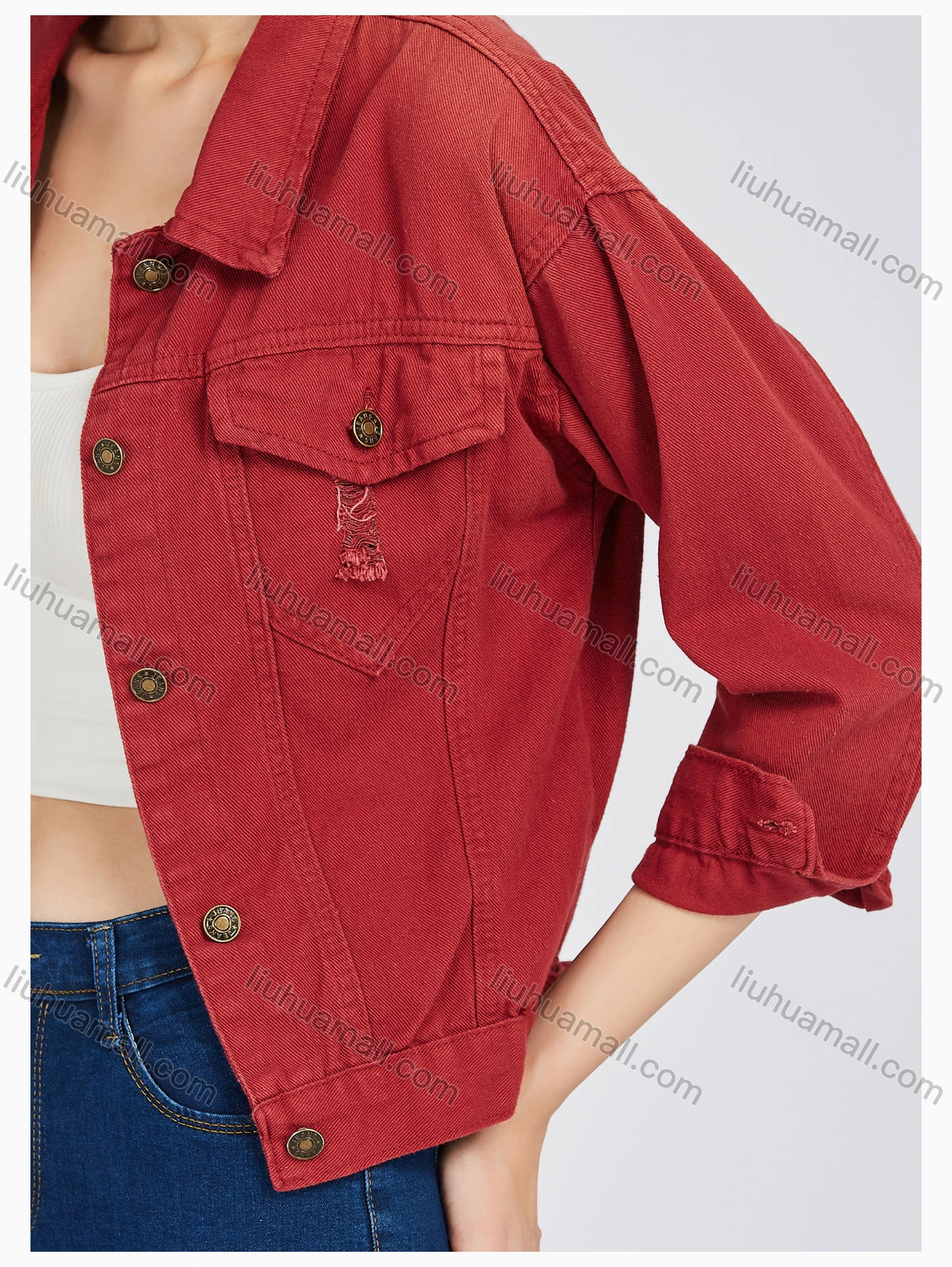 Wholesale Women's Fashion Lapel Ripped Button Down Plain Denim Jacket & Capris Pants Set - Liuhuamall
