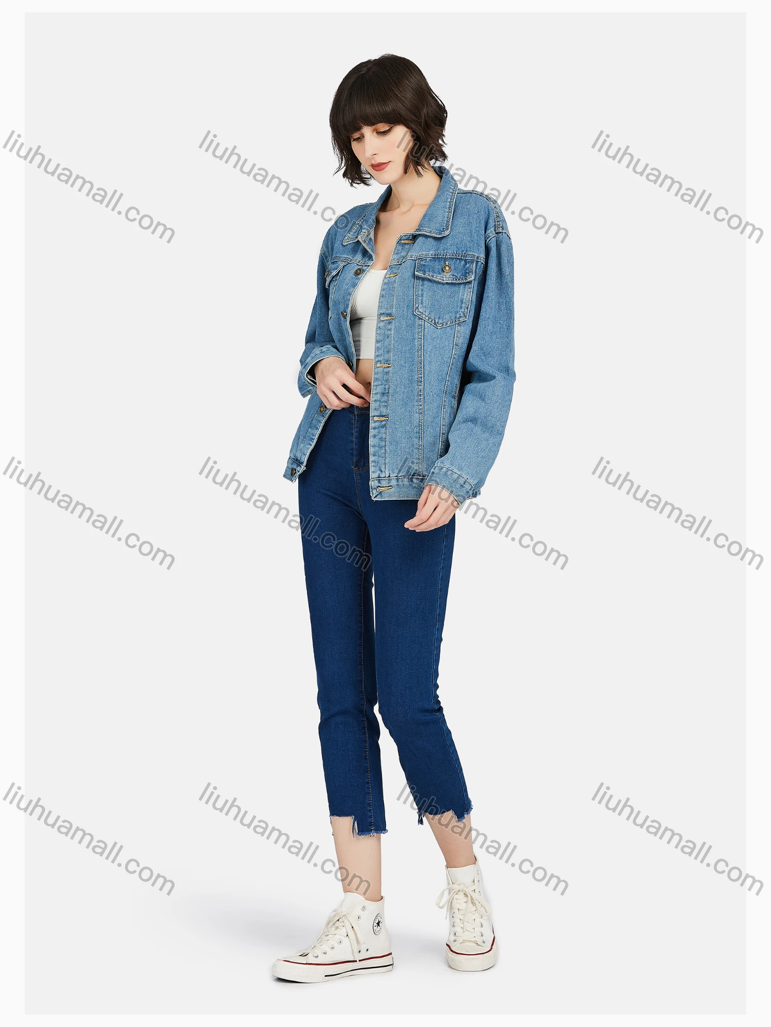 Wholesale Women's Fashion Lapel Button Down Flap Pockets Denim Jacket & Capris Pants Set - Liuhuamall