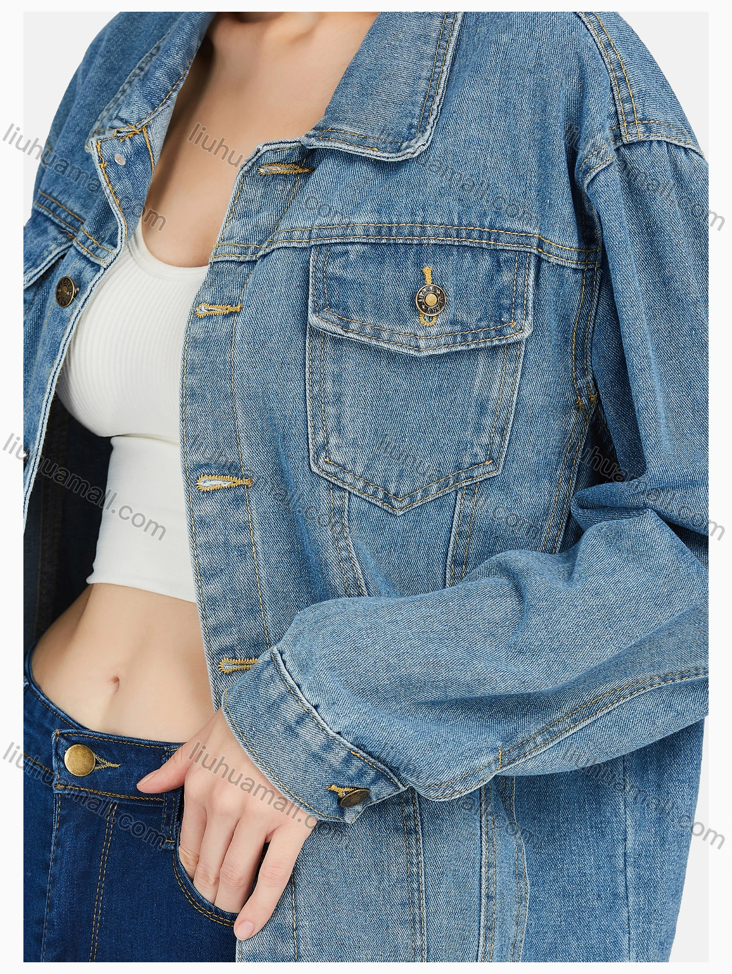 Wholesale Women's Fashion Lapel Button Down Flap Pockets Denim Jacket & Capris Pants Set - Liuhuamall