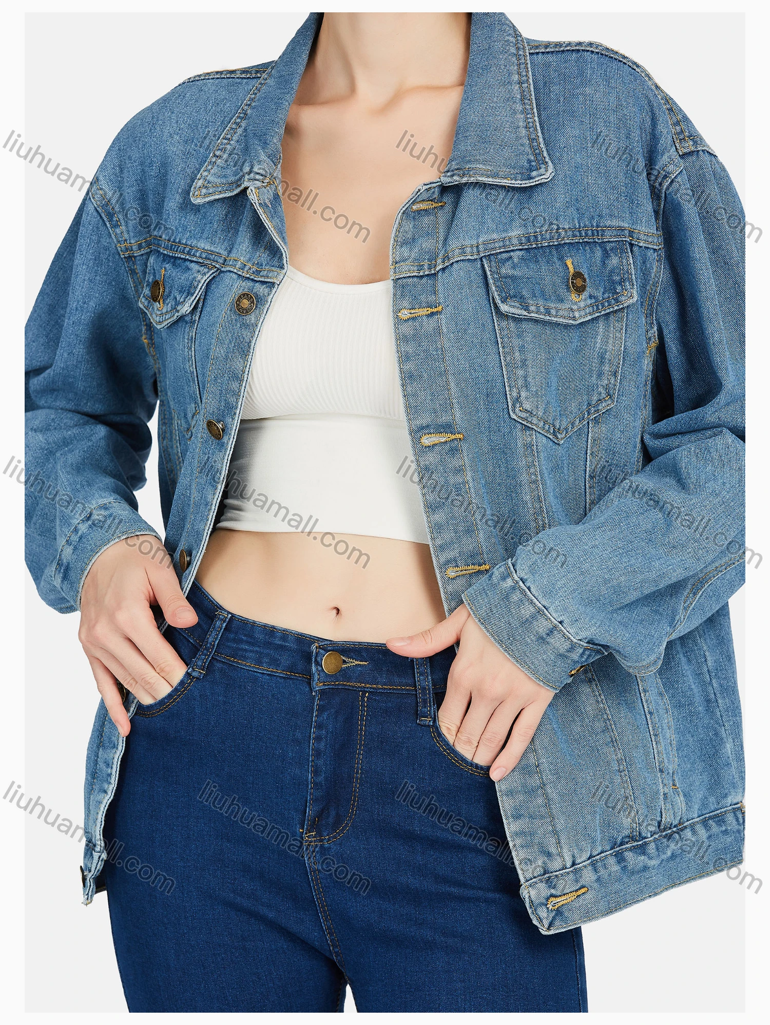Wholesale Women's Fashion Lapel Button Down Flap Pockets Denim Jacket & Capris Pants Set - Liuhuamall