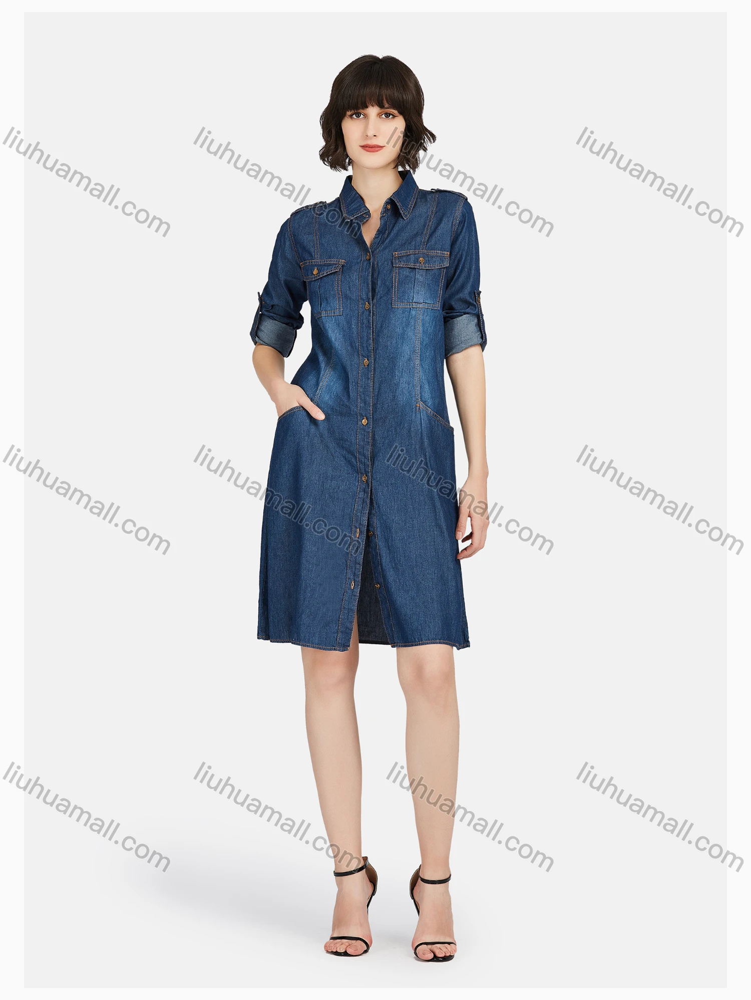 Wholesale Women's Casual Shirt Collar Double Flap Pocket Wash Shirt Dress - Liuhuamall