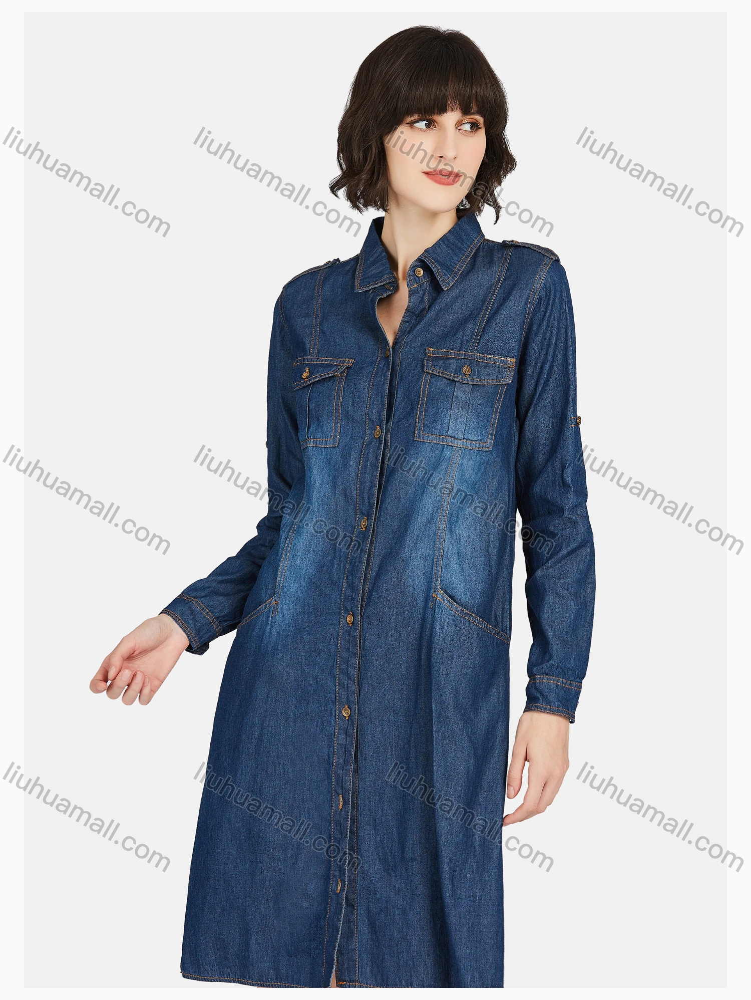 Wholesale Women's Casual Shirt Collar Double Flap Pocket Wash Shirt Dress - Liuhuamall