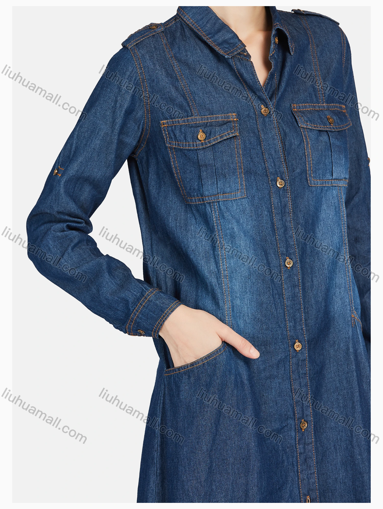 Wholesale Women's Casual Shirt Collar Double Flap Pocket Wash Shirt Dress - Liuhuamall