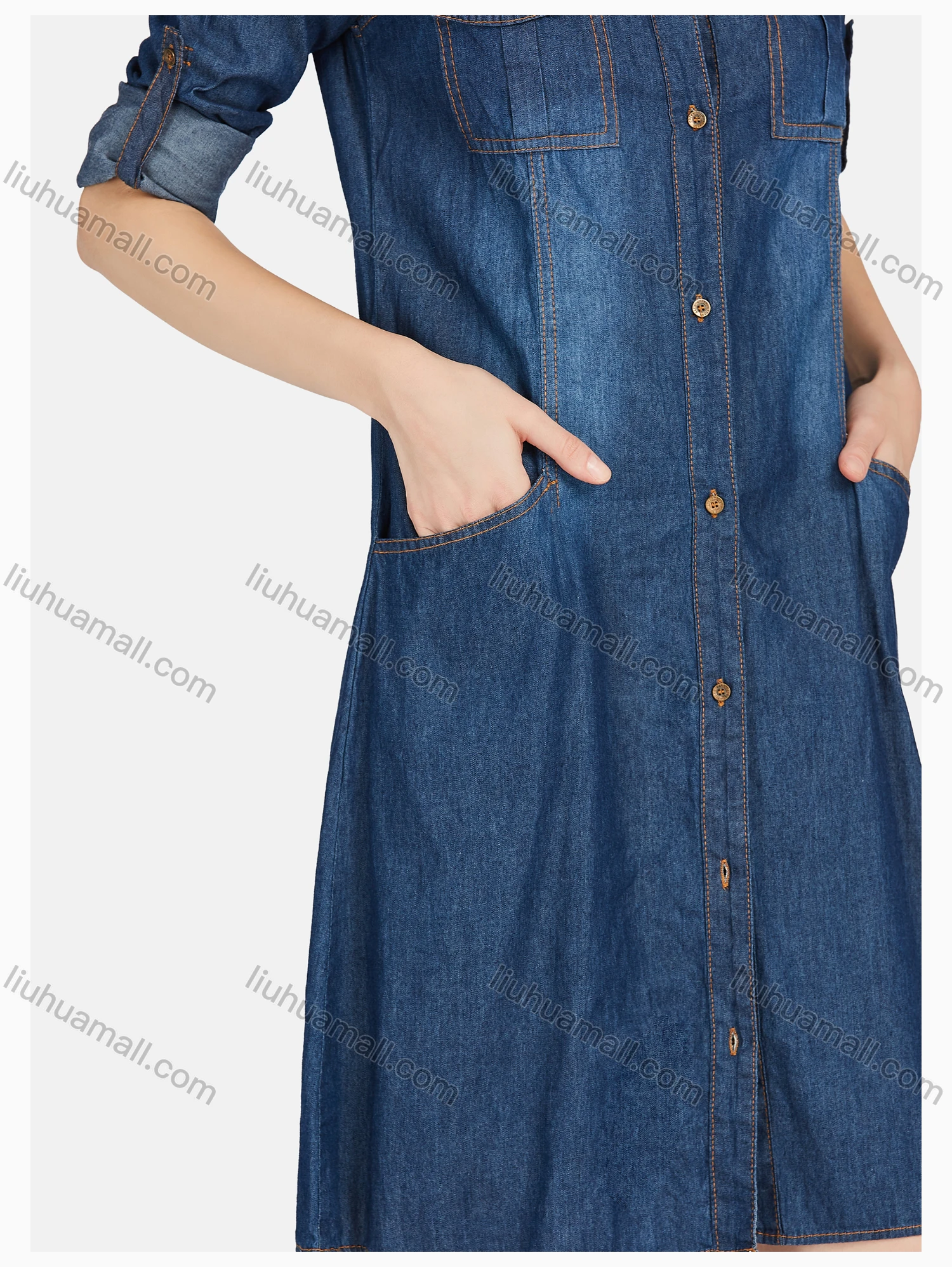 Wholesale Women's Casual Shirt Collar Double Flap Pocket Wash Shirt Dress - Liuhuamall