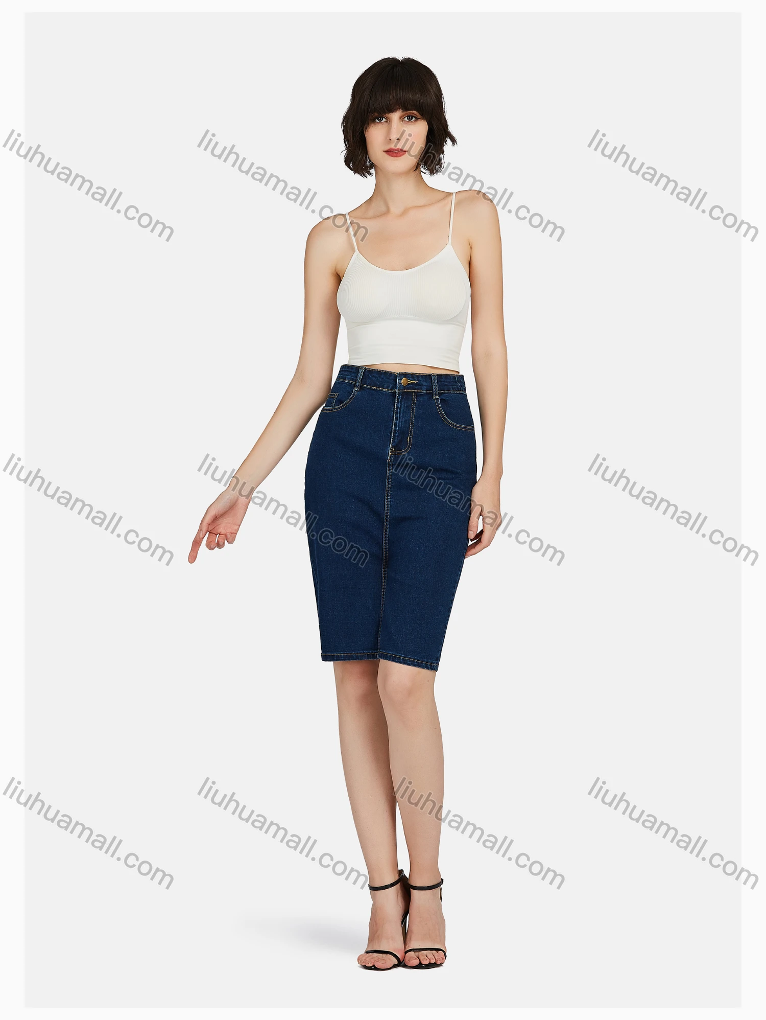 Wholesale Women's Casual Plain Patch Pockets Pencil Skirt - Liuhuamall