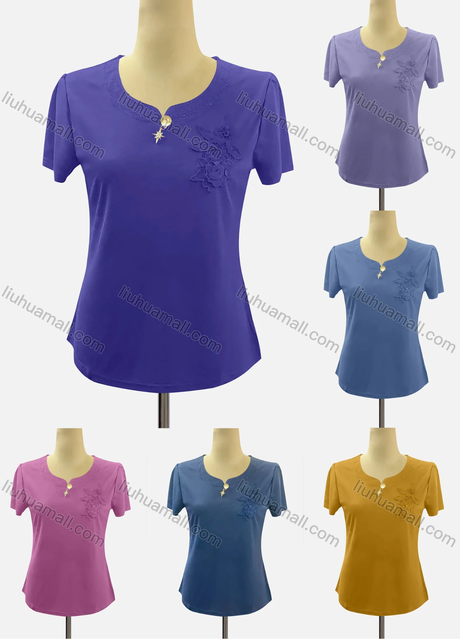 Wholesale Women's Casual Notched Neck Button Decor Appliques Knit Blouse - Liuhuamall