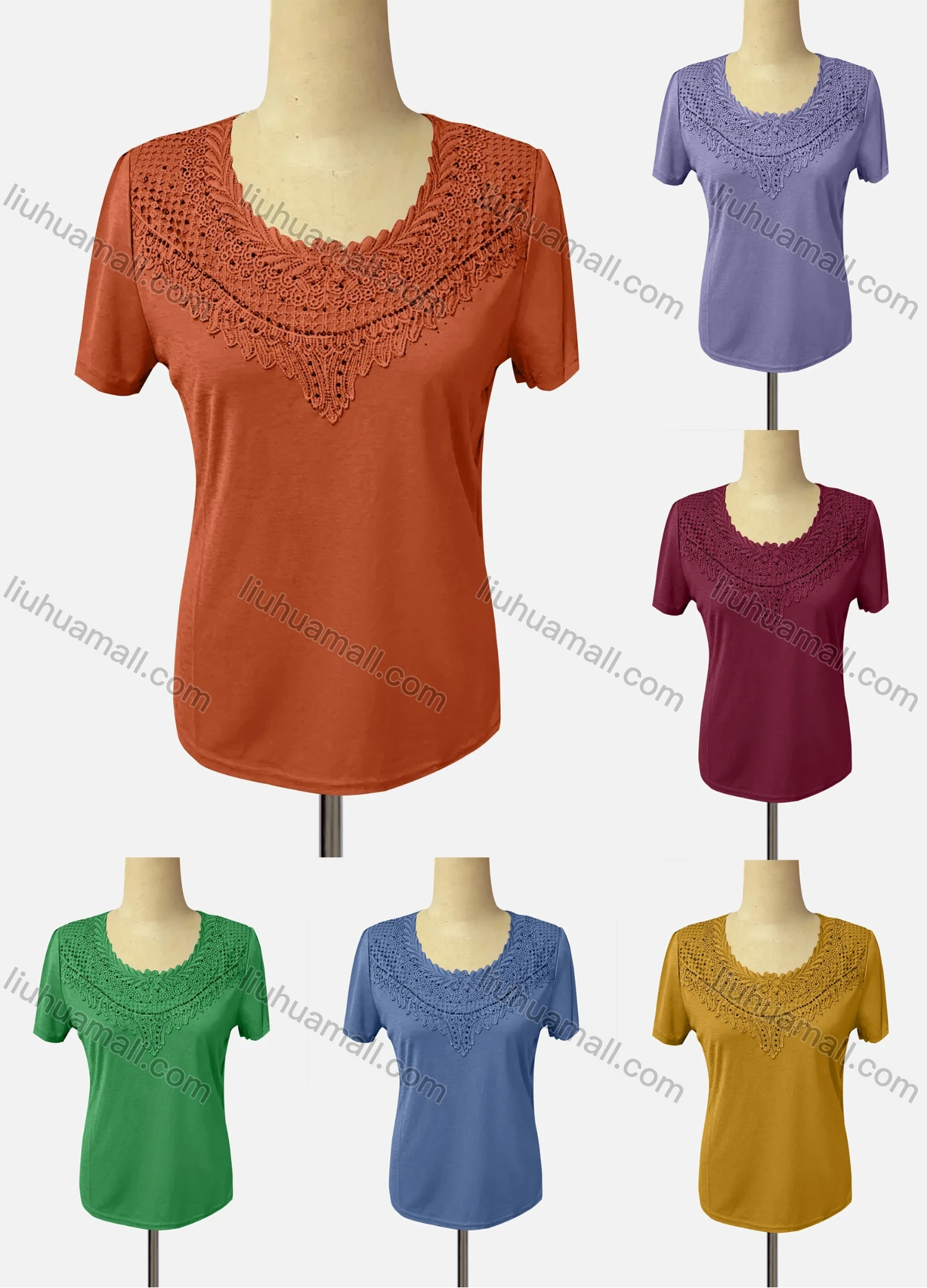 Wholesale Women's Casual Crew Neck Short Sleeve Appliques Knit Blouse - Liuhuamall