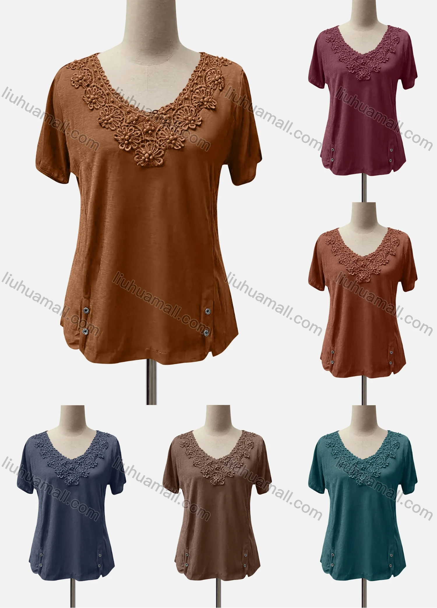 Wholesale Women's Casual Scoop Neck Short Sleeve Appliques Knit Blouse - Liuhuamall
