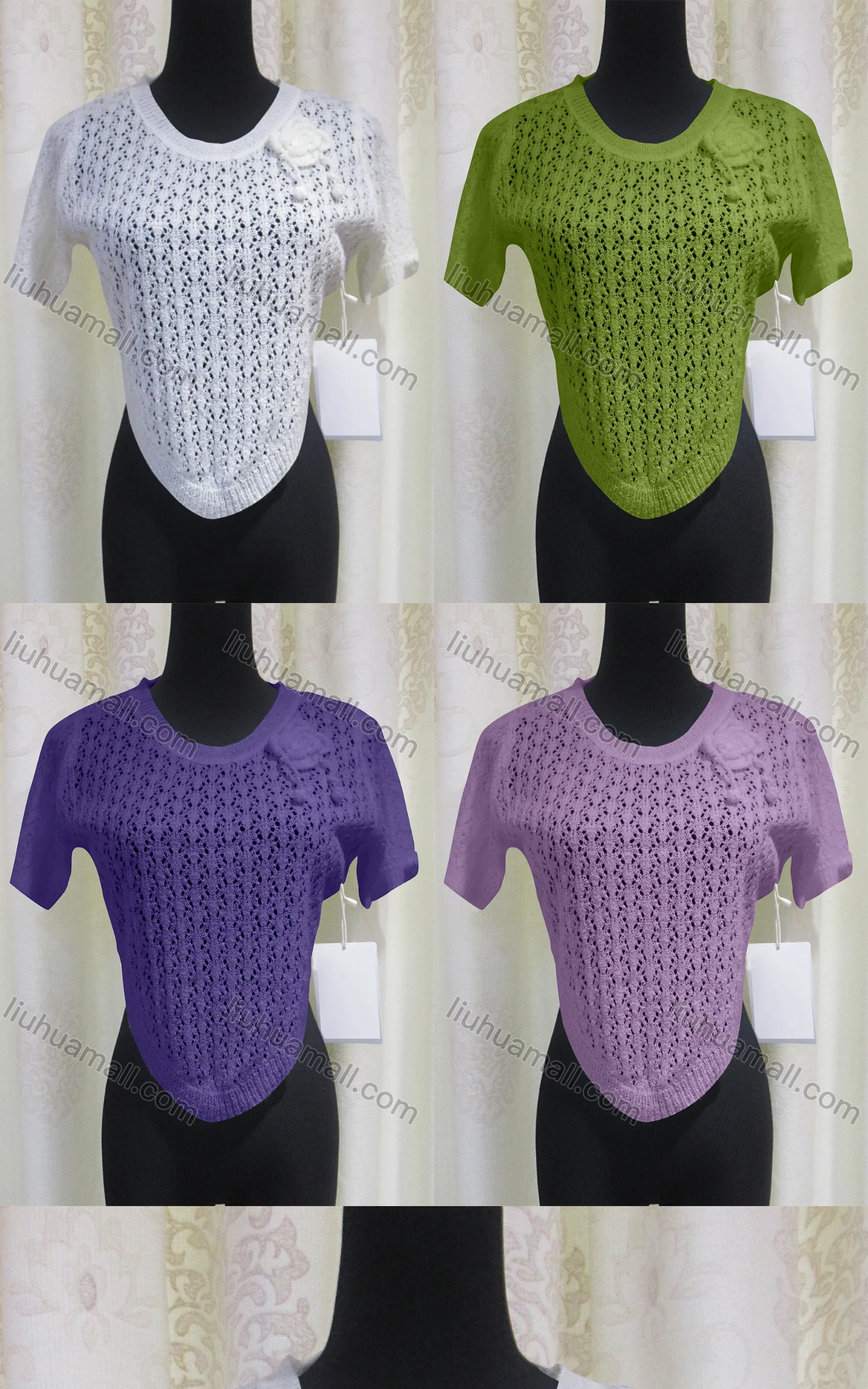 Wholesale Women's Causal Round Neck Hollow Out Curved Hem Plain Floral Knitted Top - Liuhuamall