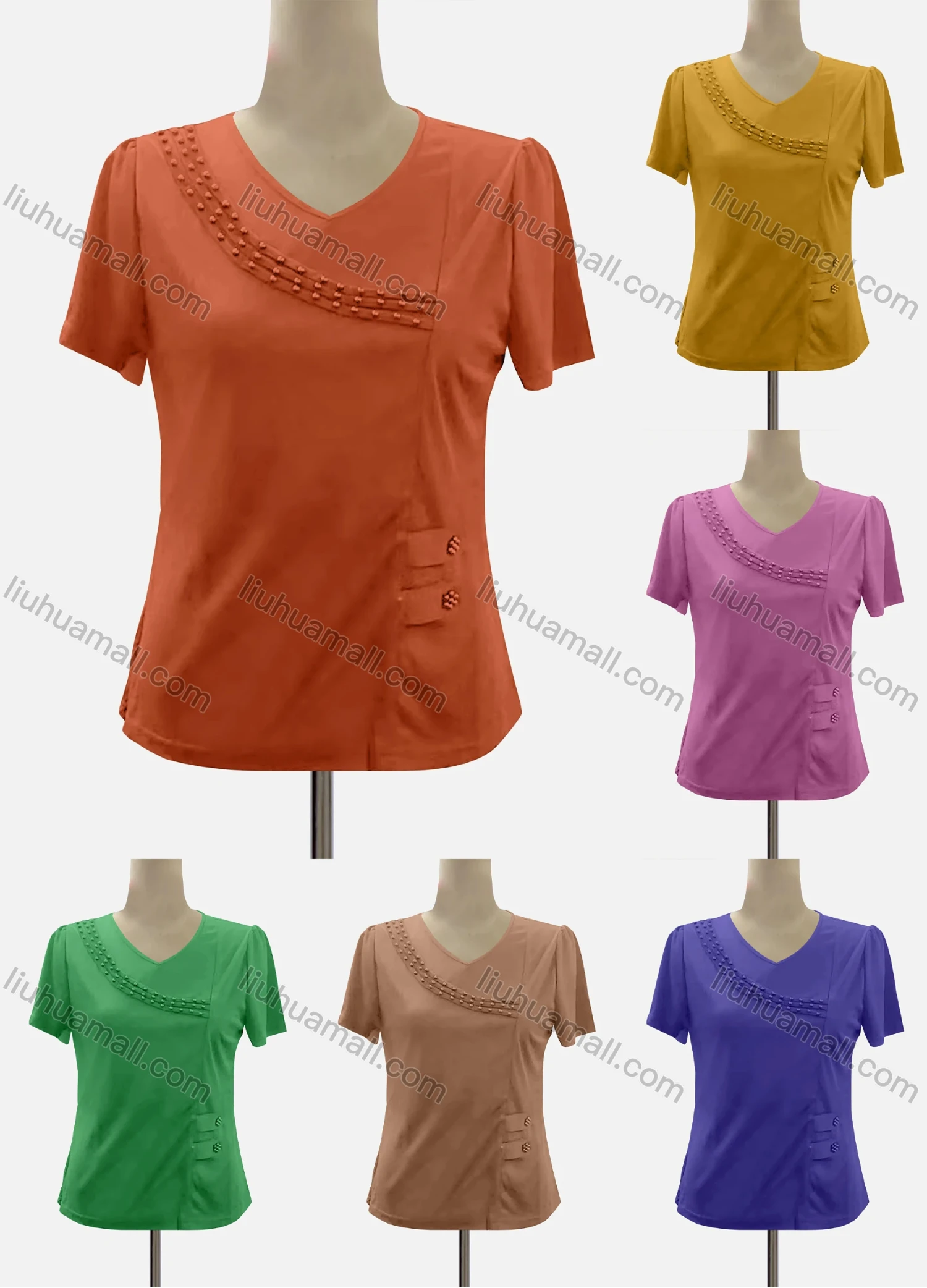 Wholesale Women's Casual V Neck Short Sleeve Beaded Knit Blouse - Liuhuamall
