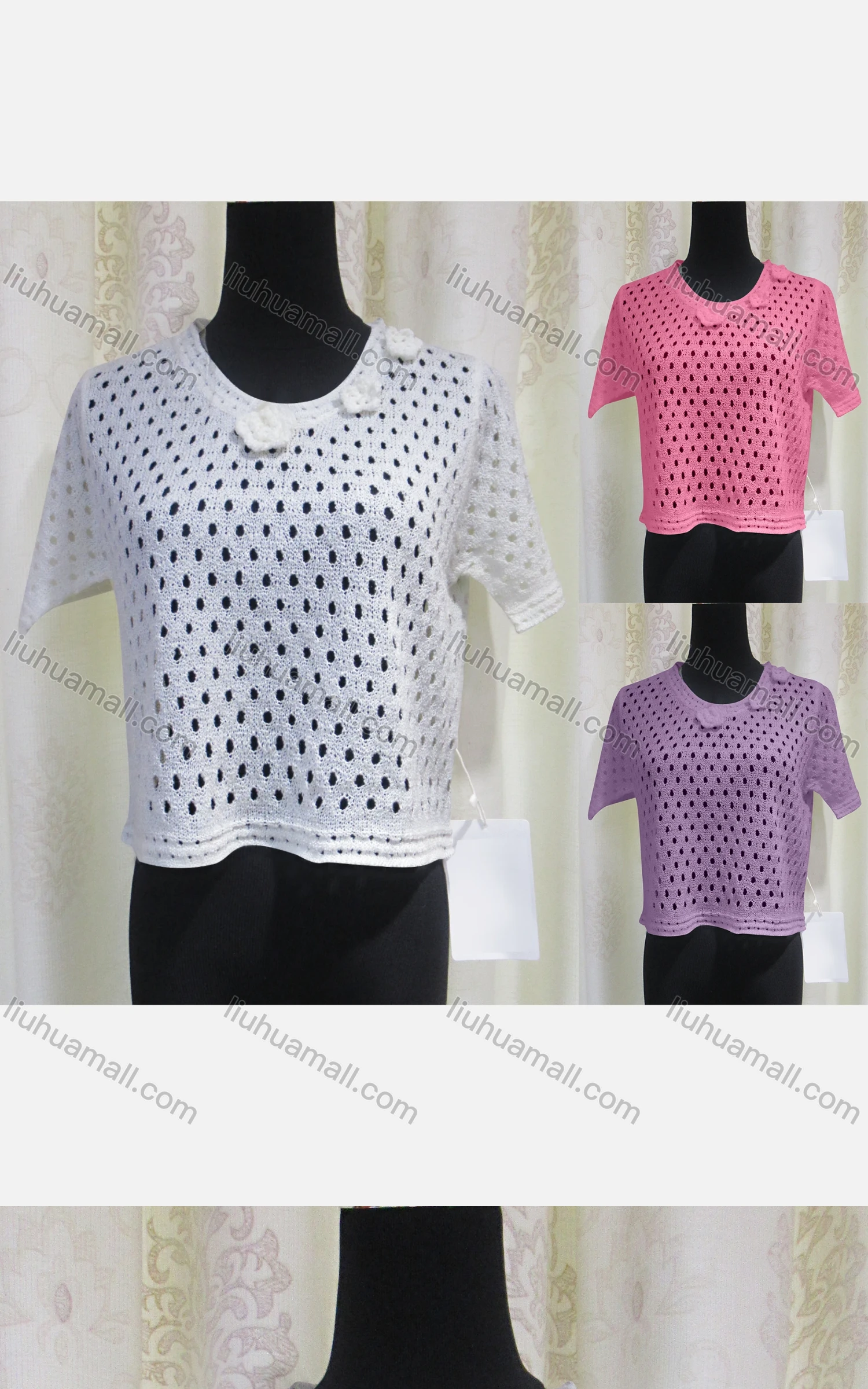 Wholesale Women's Causal Round Neck Hollow Out Plain Floral Knitted Top - Liuhuamall