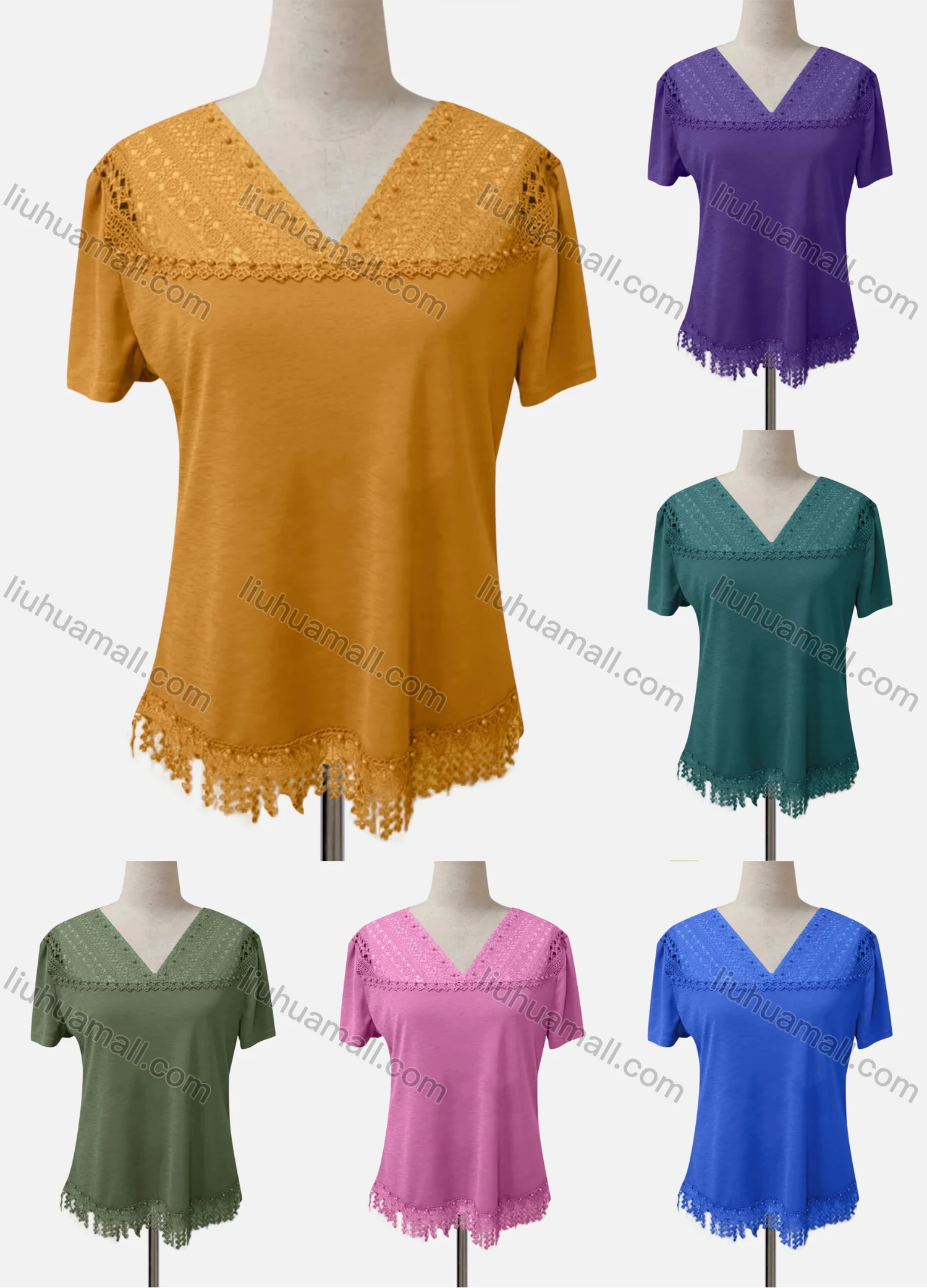 Wholesale Women's Casual V Neck Short Sleeve Appliques Beaded Knit Blouse - Liuhuamall
