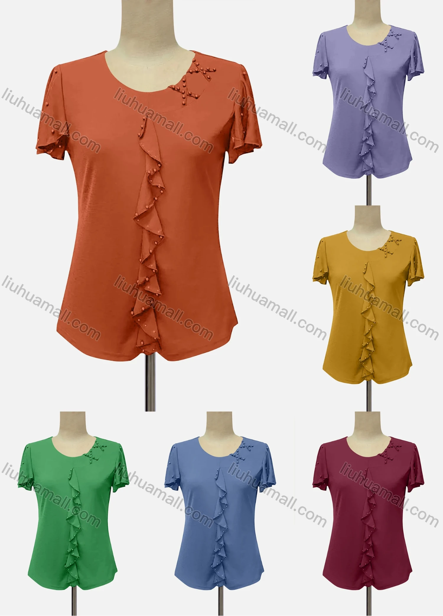 Wholesale Women's Casual Crew Neck Short Sleeve Beaded Ruffle Trim Knit Blouse - Liuhuamall