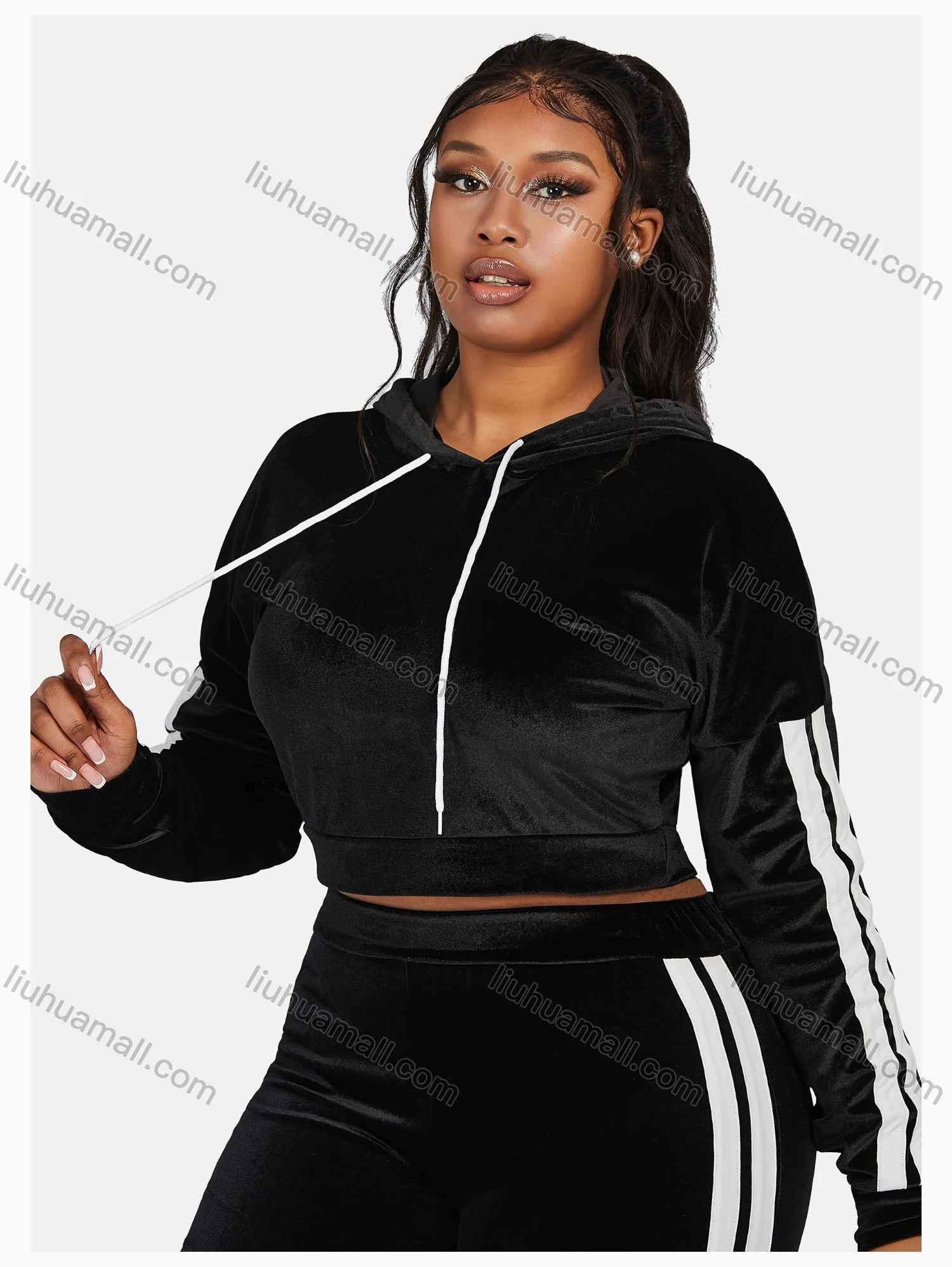 Wholesale Women's Sport Striped Hooded Long Sleeve Crop Top & Pant Sets - Liuhuamall