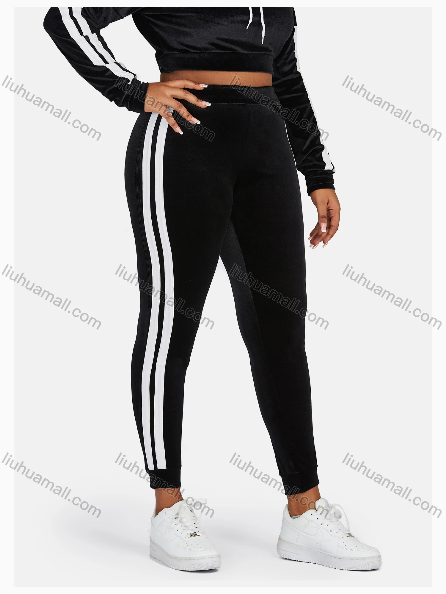 Wholesale Women's Sport Striped Hooded Long Sleeve Crop Top & Pant Sets - Liuhuamall