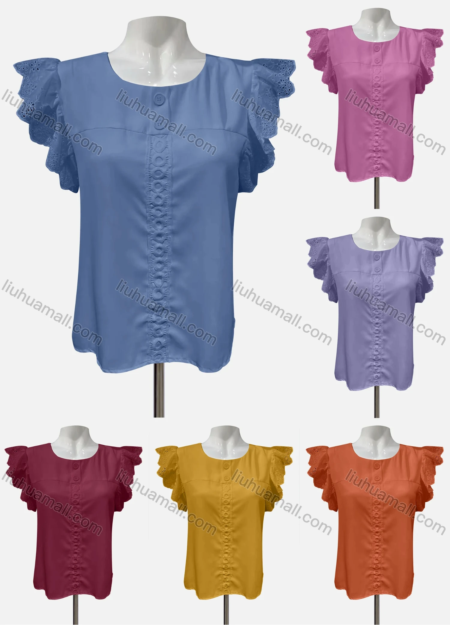 Wholesale Women's Casual Crew Neck Ruffle Sleeve Embroidered Knit Blouse - Liuhuamall