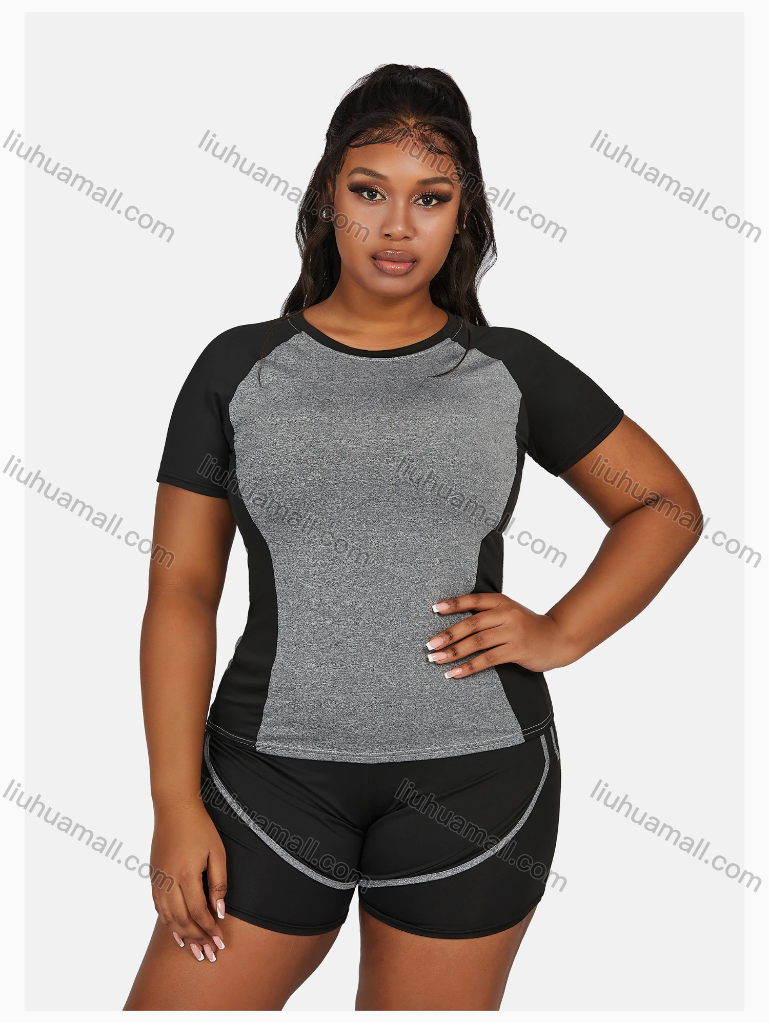 Wholesale Women's Sport Striped Colorblock Crop T-Shirt & Shorts Sets - Liuhuamall