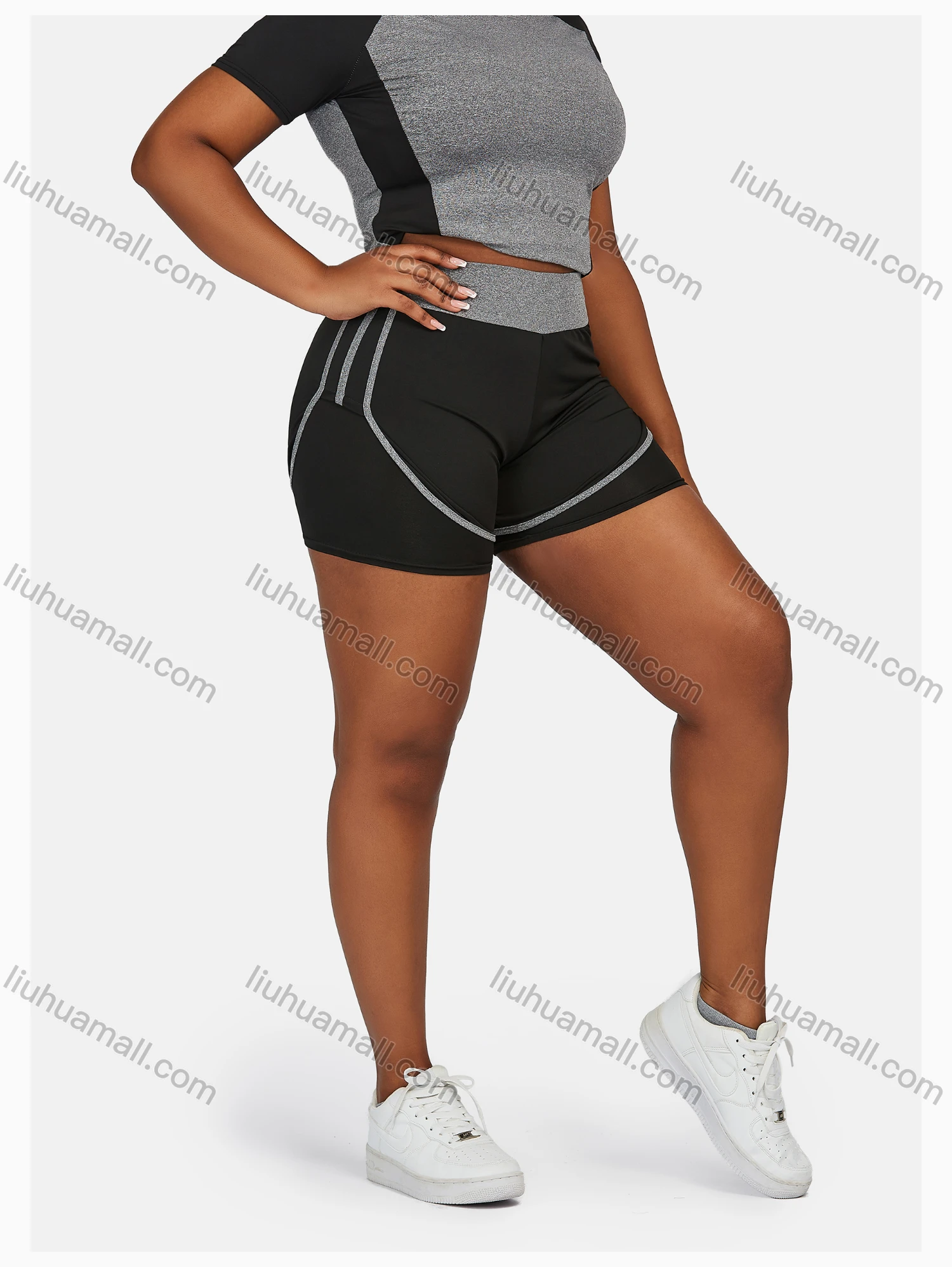 Wholesale Women's Sport Striped Colorblock Crop T-Shirt & Shorts Sets - Liuhuamall