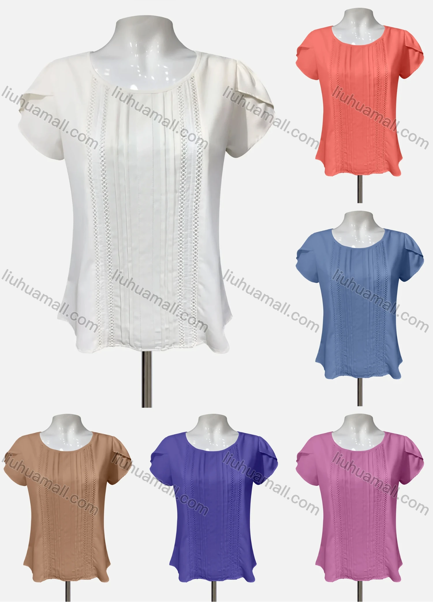 Wholesale Women's Casual Crew Neck Ruffle Sleeve Eyelet Embroidered Knit Blouse - Liuhuamall