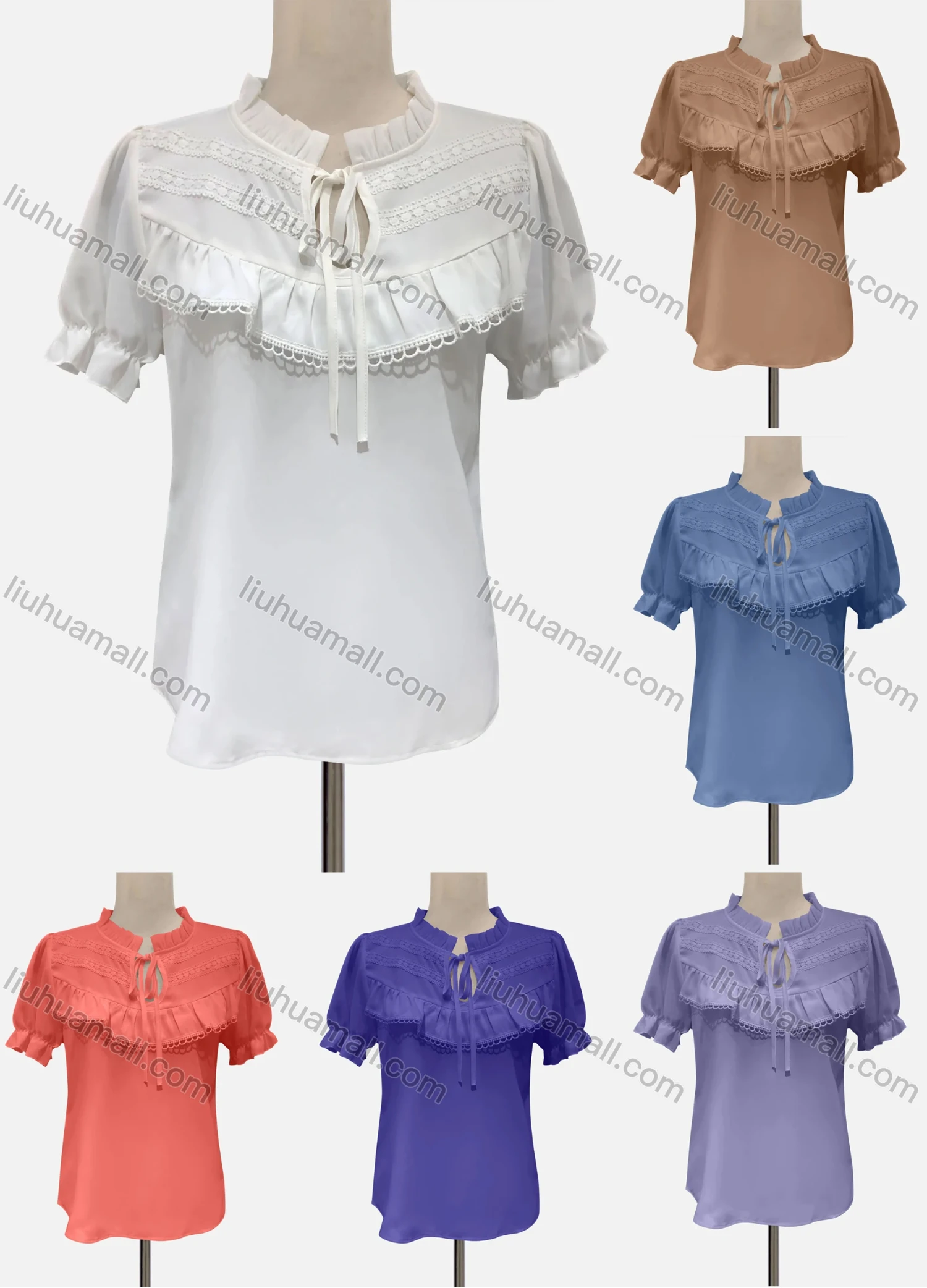 Wholesale Women's Casual Keyhole Neck Puff Sleeve Appliques Knit Blouse - Liuhuamall