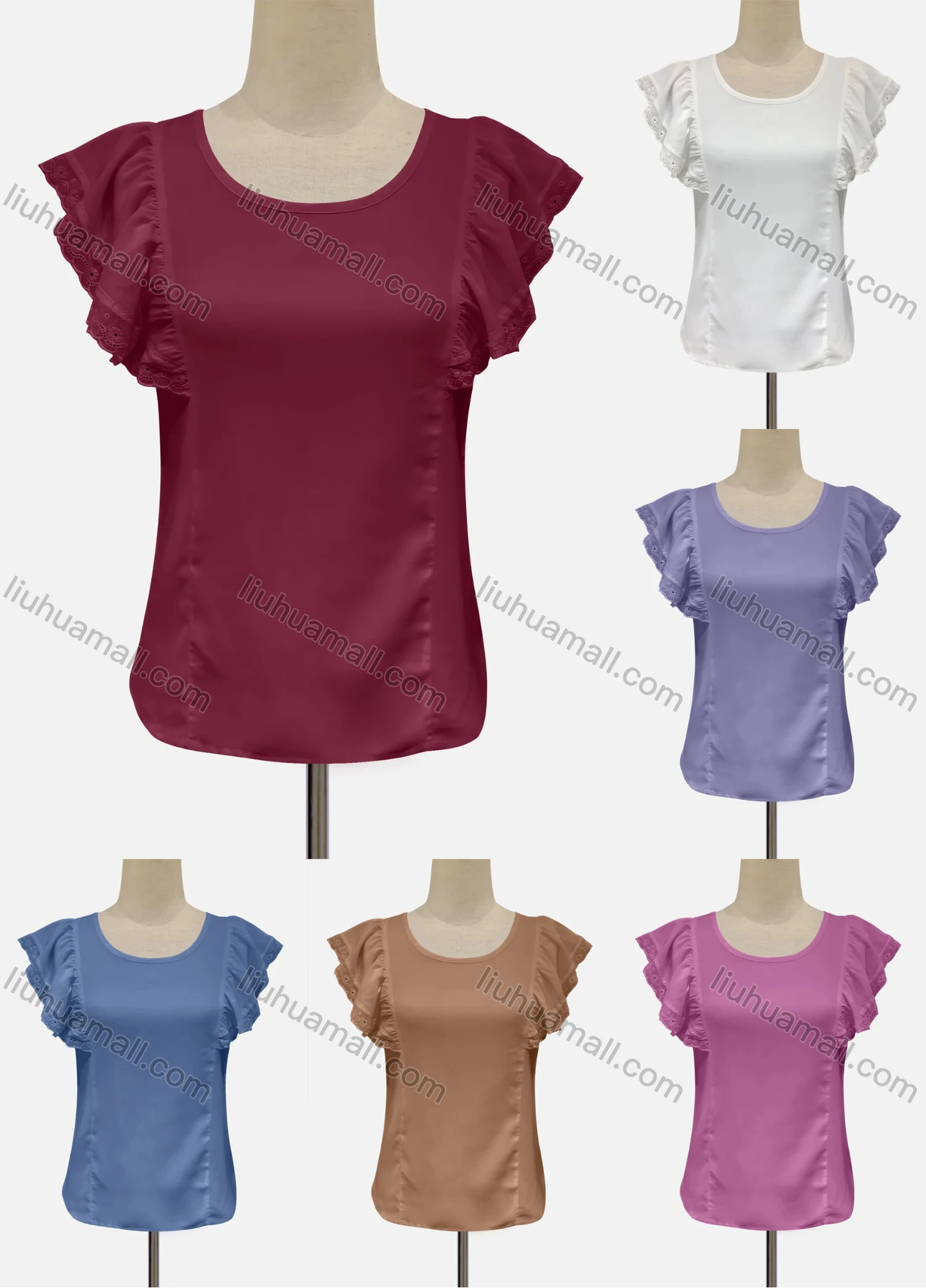 Wholesale Women's Casual Ruffle Sleeve Eyelet Embroidered Knit Blouse - Liuhuamall