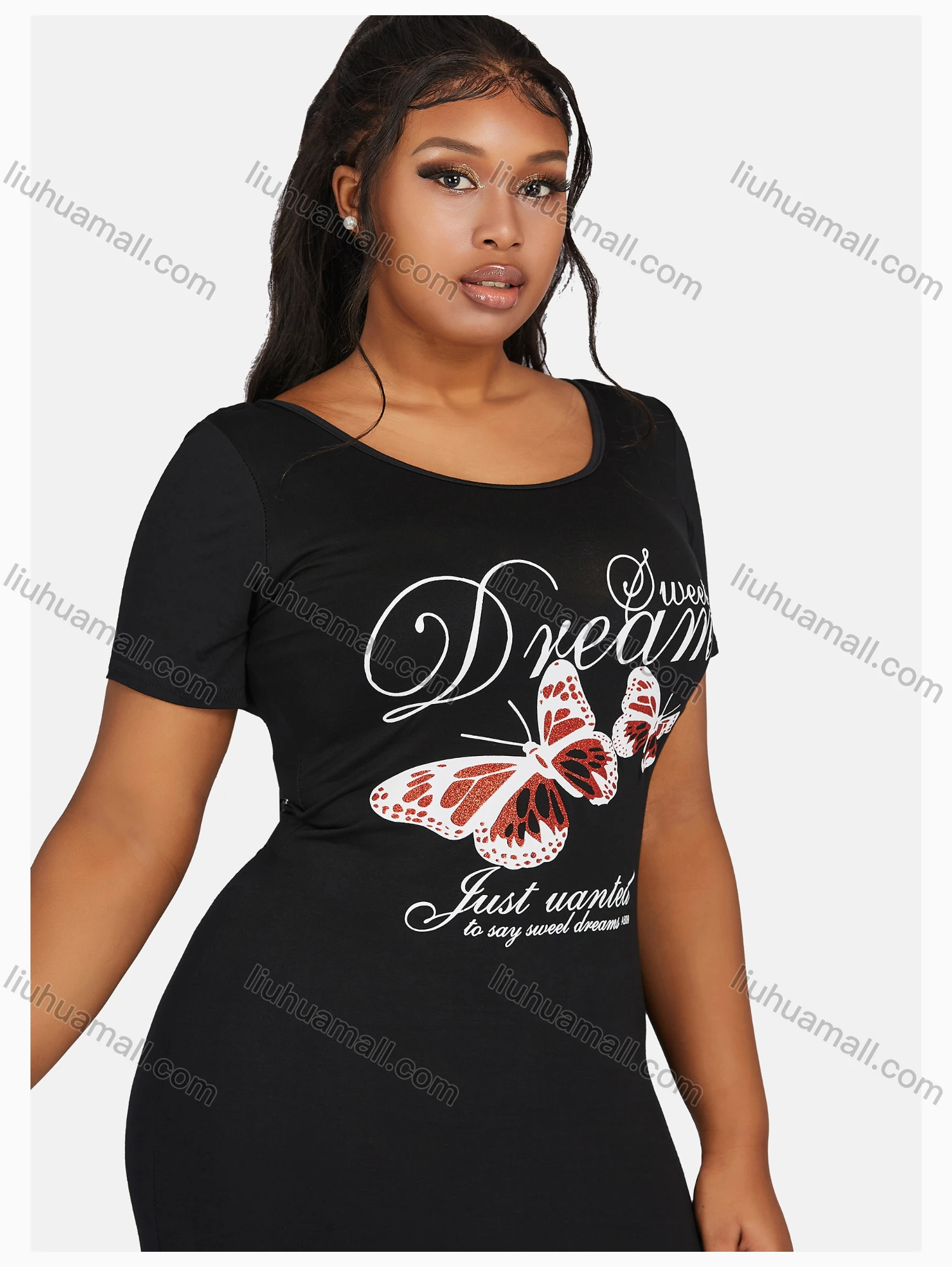 Wholesale Women's Causal Butterfly Letter Print Short Sleeve Maxi Dress - Liuhuamall