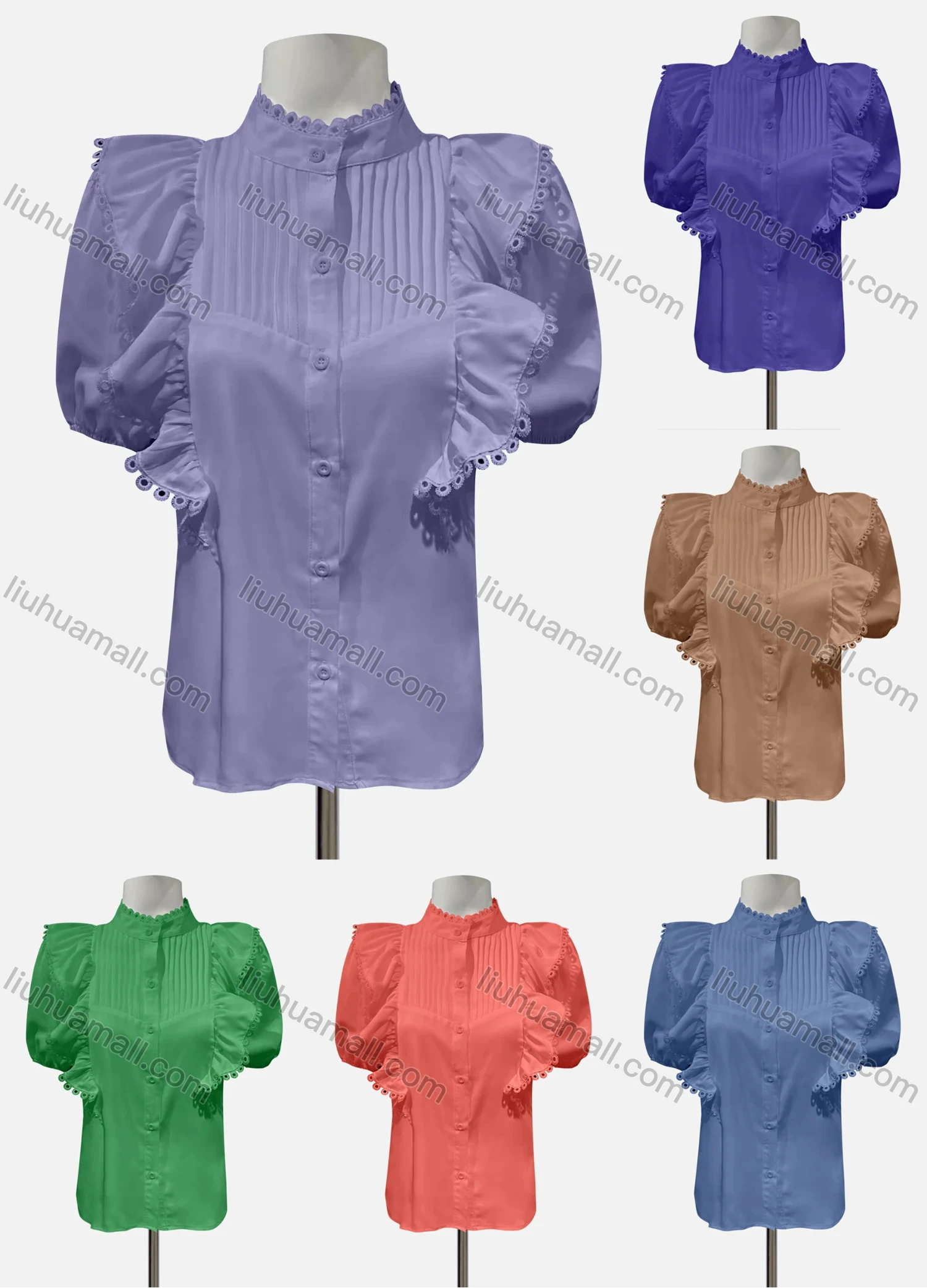 Wholesale Women's Casual Mock Neck Button Down Ruffle Trim Blouse - Liuhuamall